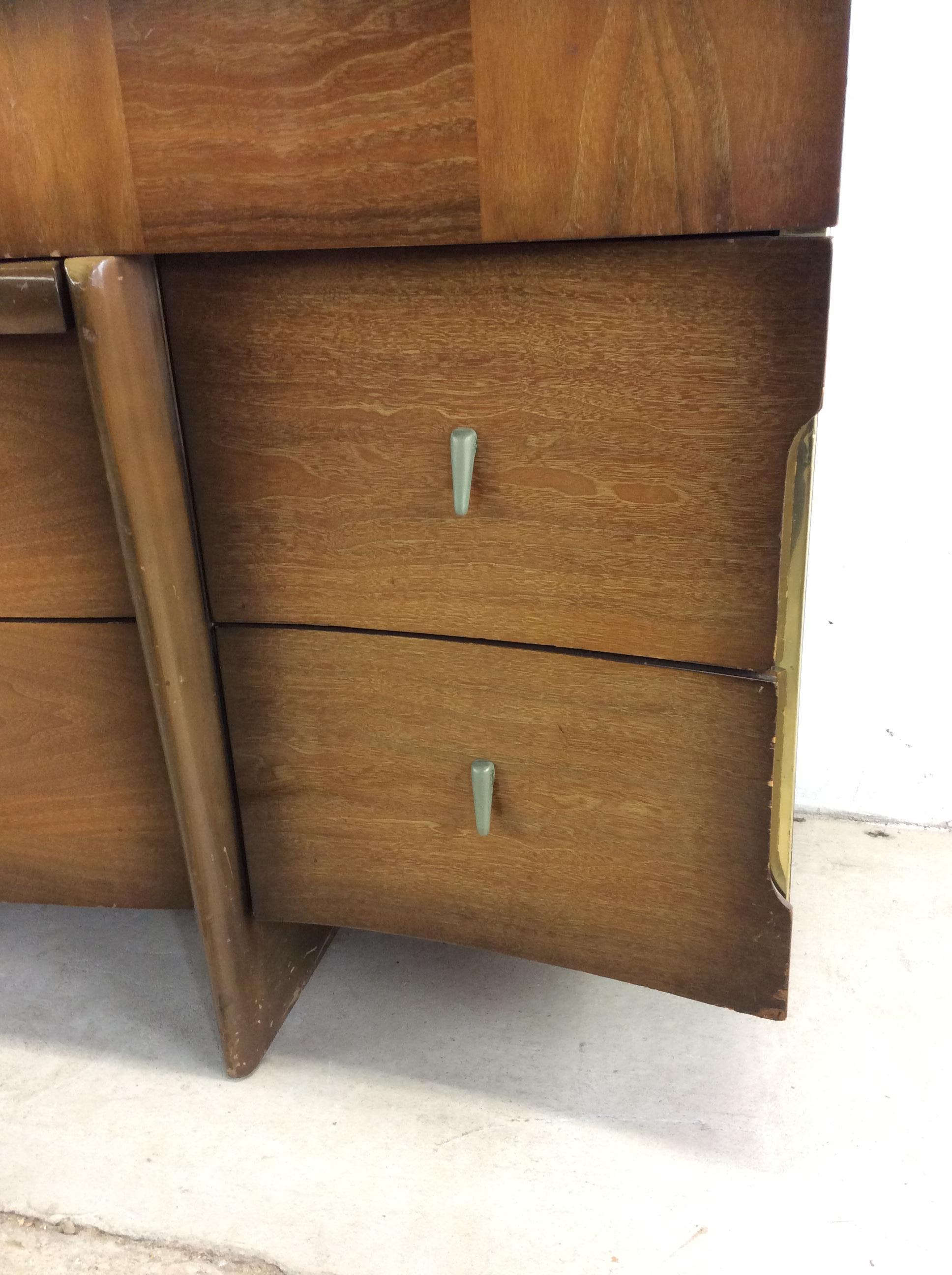 American Mid Century Modern Lowboy Dresser with Mounted Mirror & Sled Legs For Sale