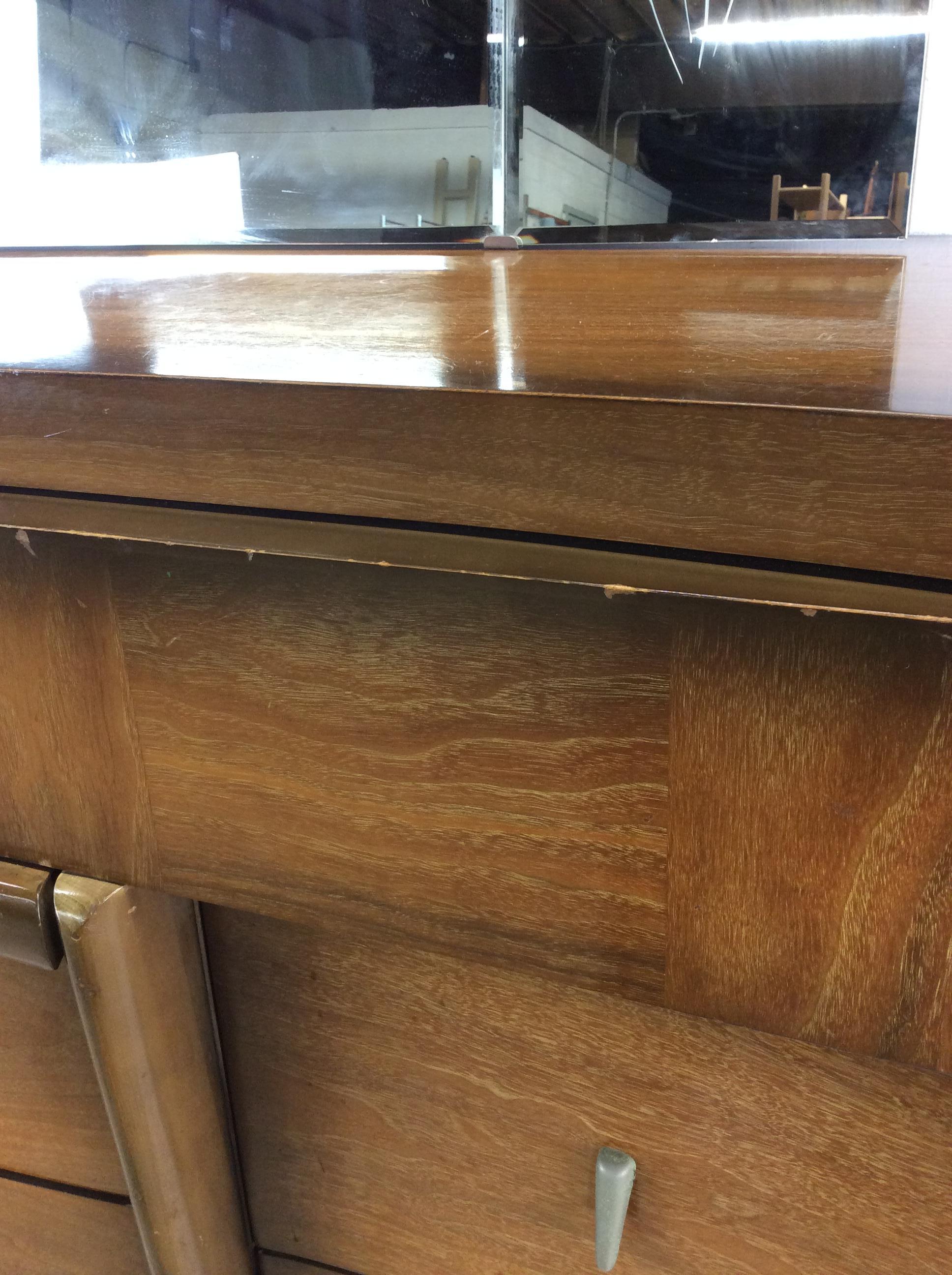 Veneer Mid Century Modern Lowboy Dresser with Mounted Mirror & Sled Legs For Sale