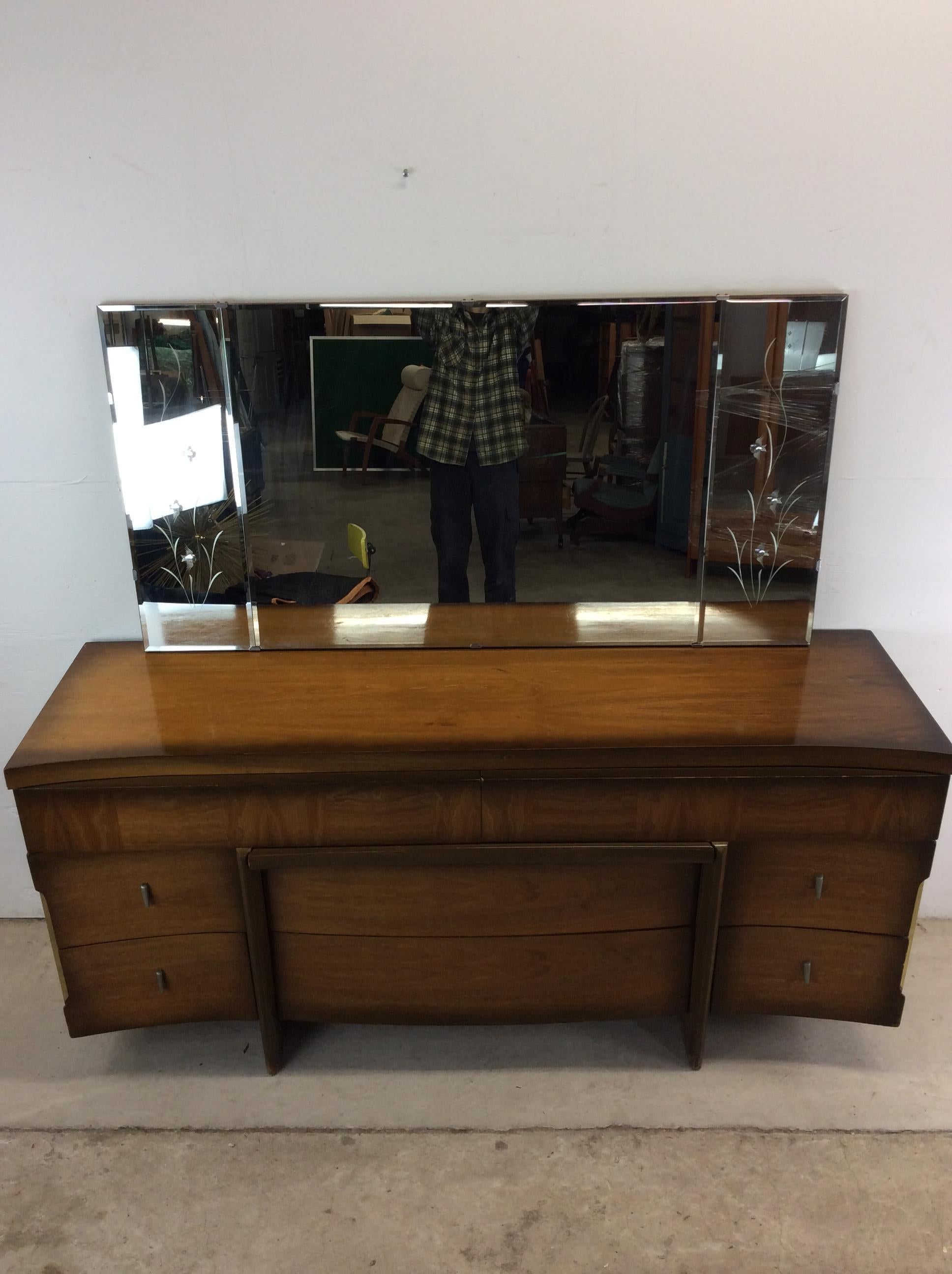 Mid Century Modern Lowboy Dresser with Mounted Mirror & Sled Legs For Sale 2