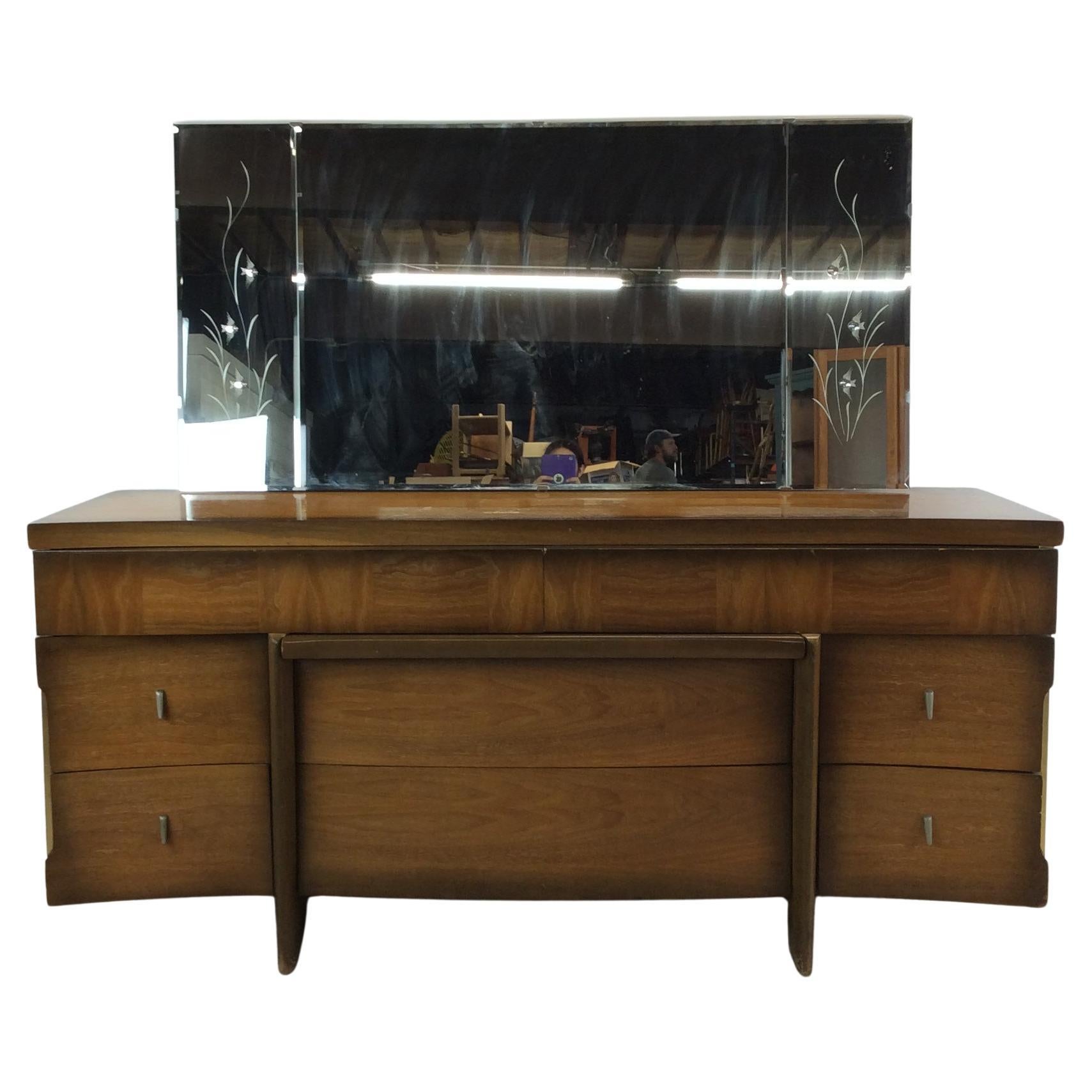 Mid Century Modern Lowboy Dresser with Mounted Mirror & Sled Legs For Sale