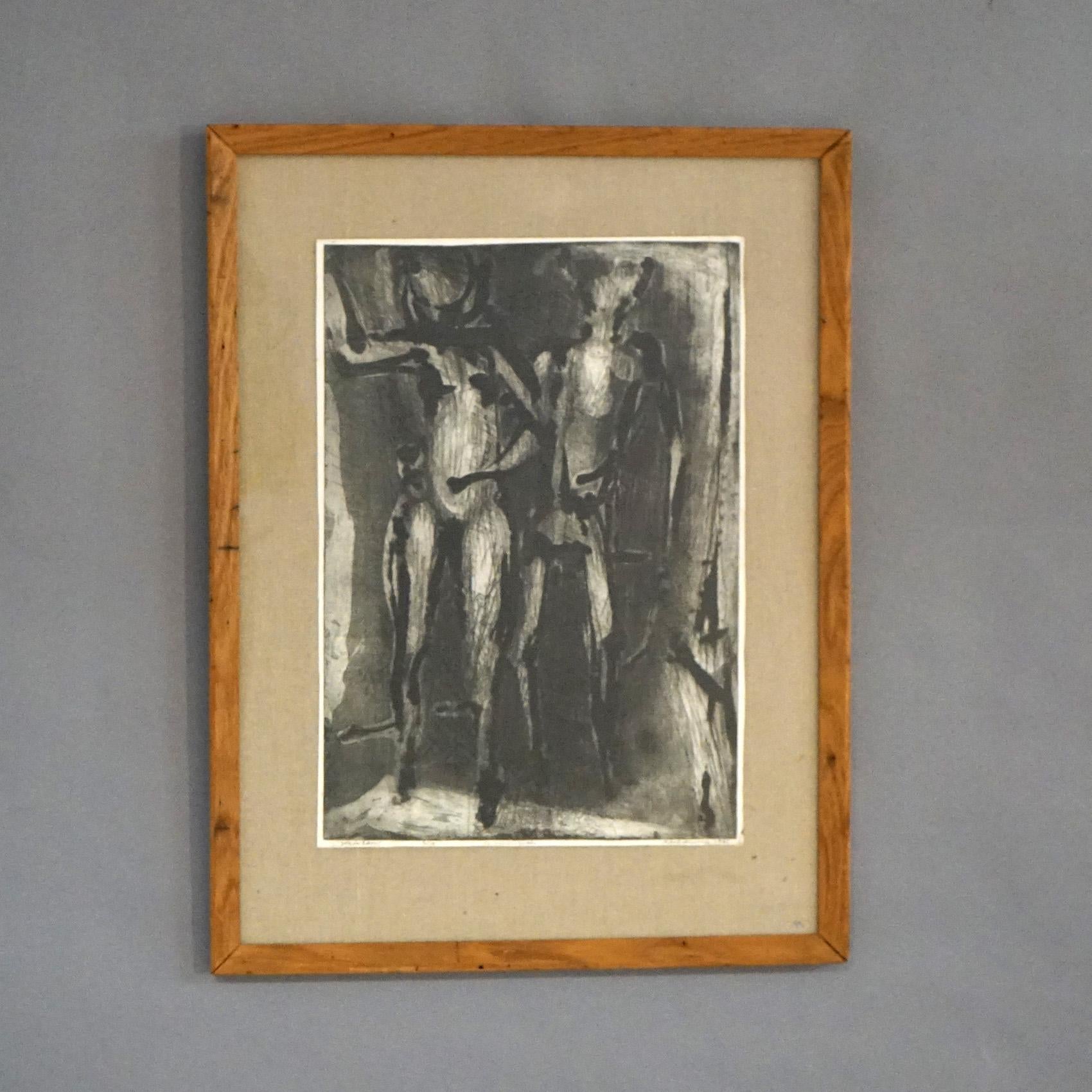 Mid Century Modern Ltd Ed Charcoal Litho #3/10 “Joy In Eden” for Ghandi, Signed  In Good Condition For Sale In Big Flats, NY