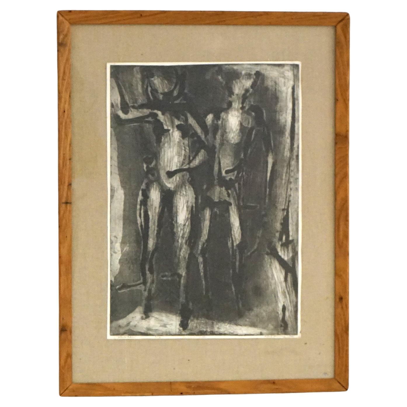 Mid Century Modern Ltd Ed Charcoal Litho #3/10 "Joy In Eden" per Ghandi, firmato