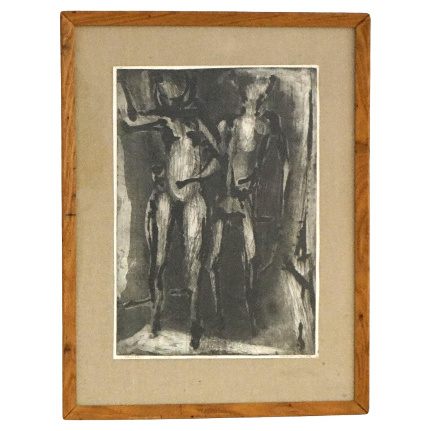 Mid Century Modern Ltd Ed Charcoal Litho #3/10 “Joy In Eden” for Ghandi, Signed  For Sale