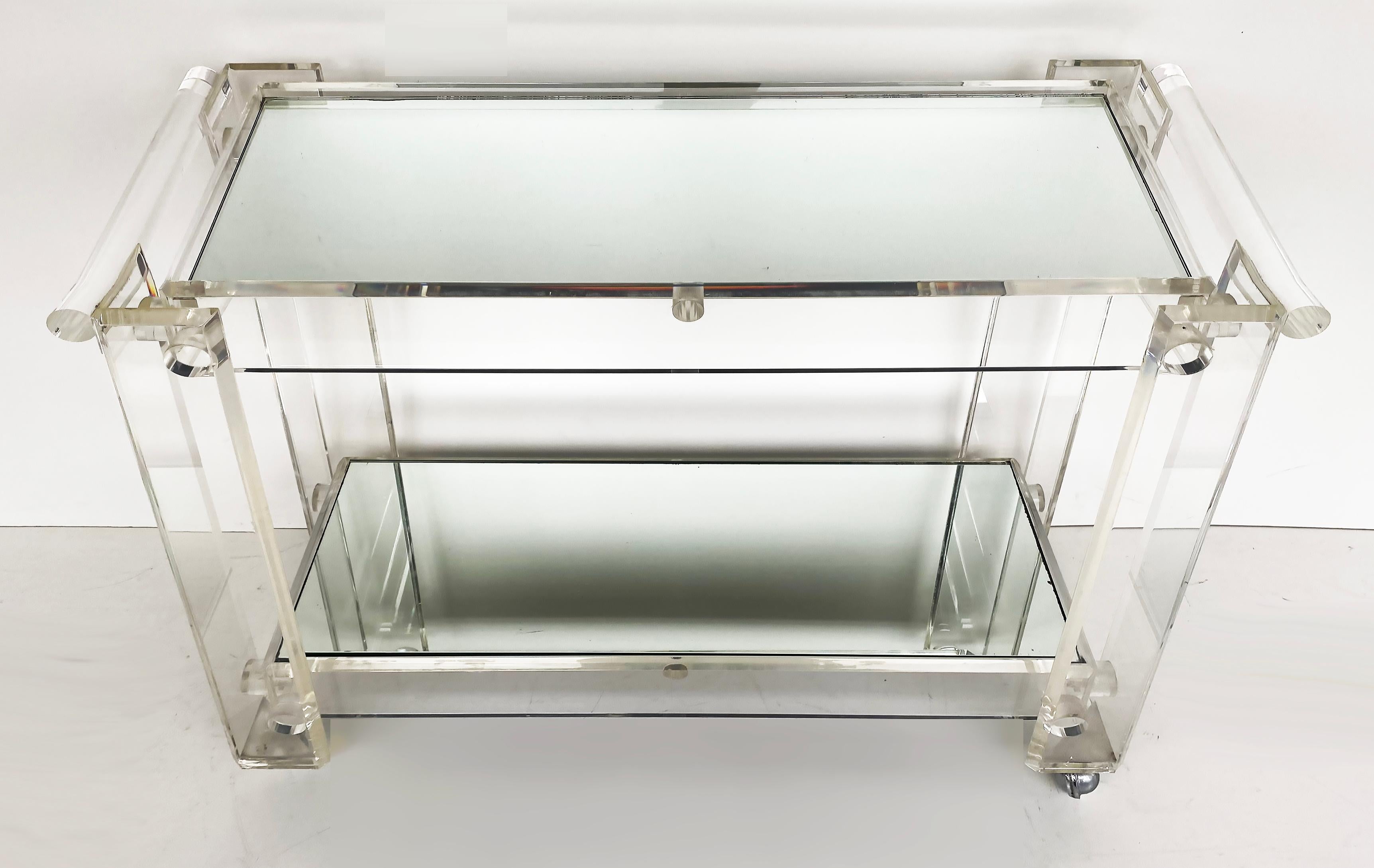Mid-Century Modern Mid-century Modern Lucite 2-Tiered Serving/Bar/Tea Cart on Casters For Sale