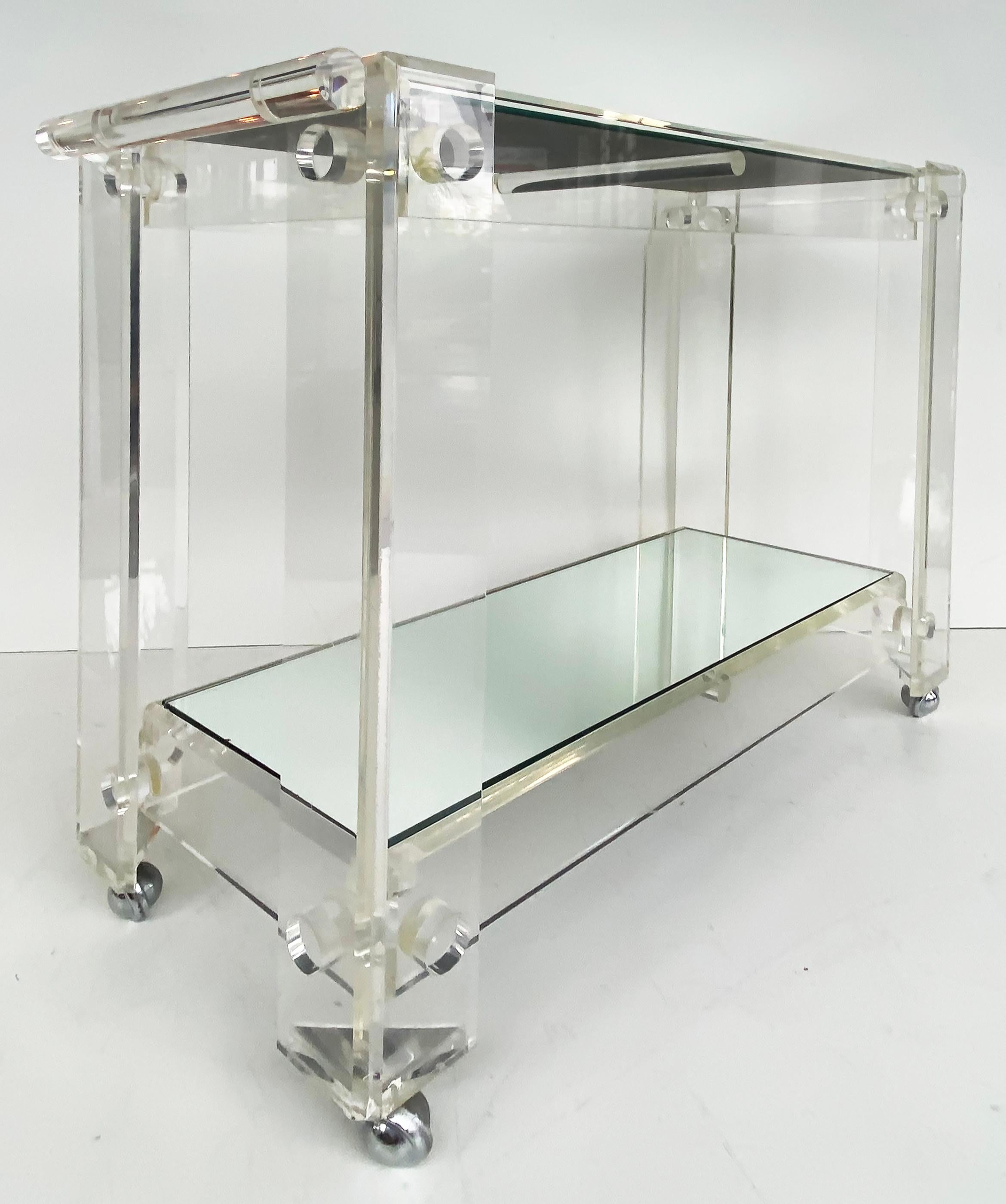 American Mid-century Modern Lucite 2-Tiered Serving/Bar/Tea Cart on Casters For Sale
