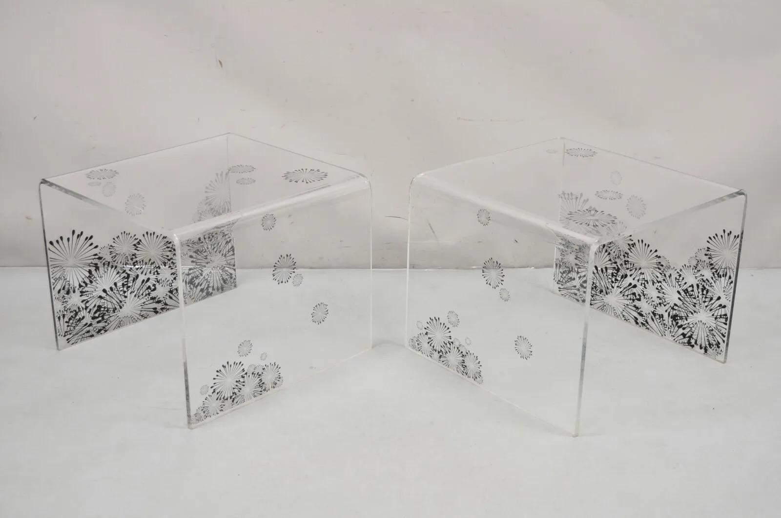 Mid Century Modern Lucite Acrylic Sunflower Fireworks Low Waterfall End Tables For Sale 7