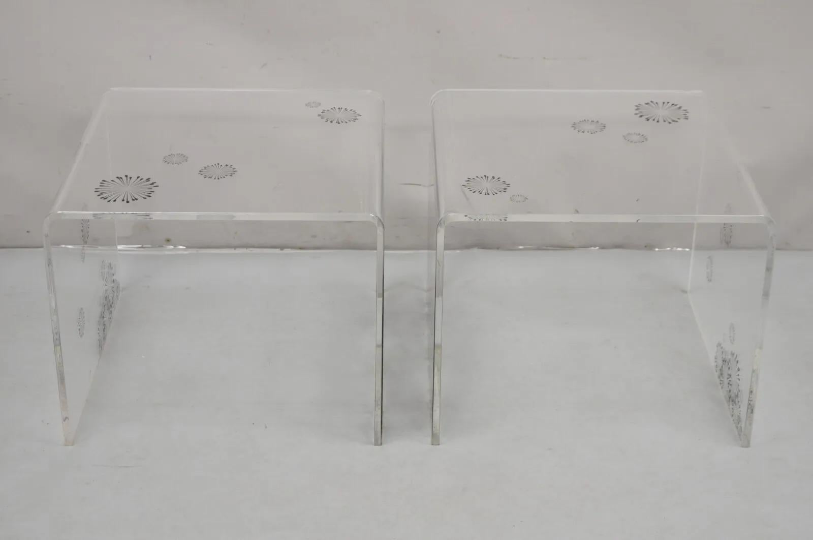 Late 20th Century Mid Century Modern Lucite Acrylic Sunflower Fireworks Low Waterfall End Tables For Sale
