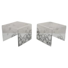 Mid Century Modern Lucite Acrylic Sunflower Fireworks Low Waterfall End Tables