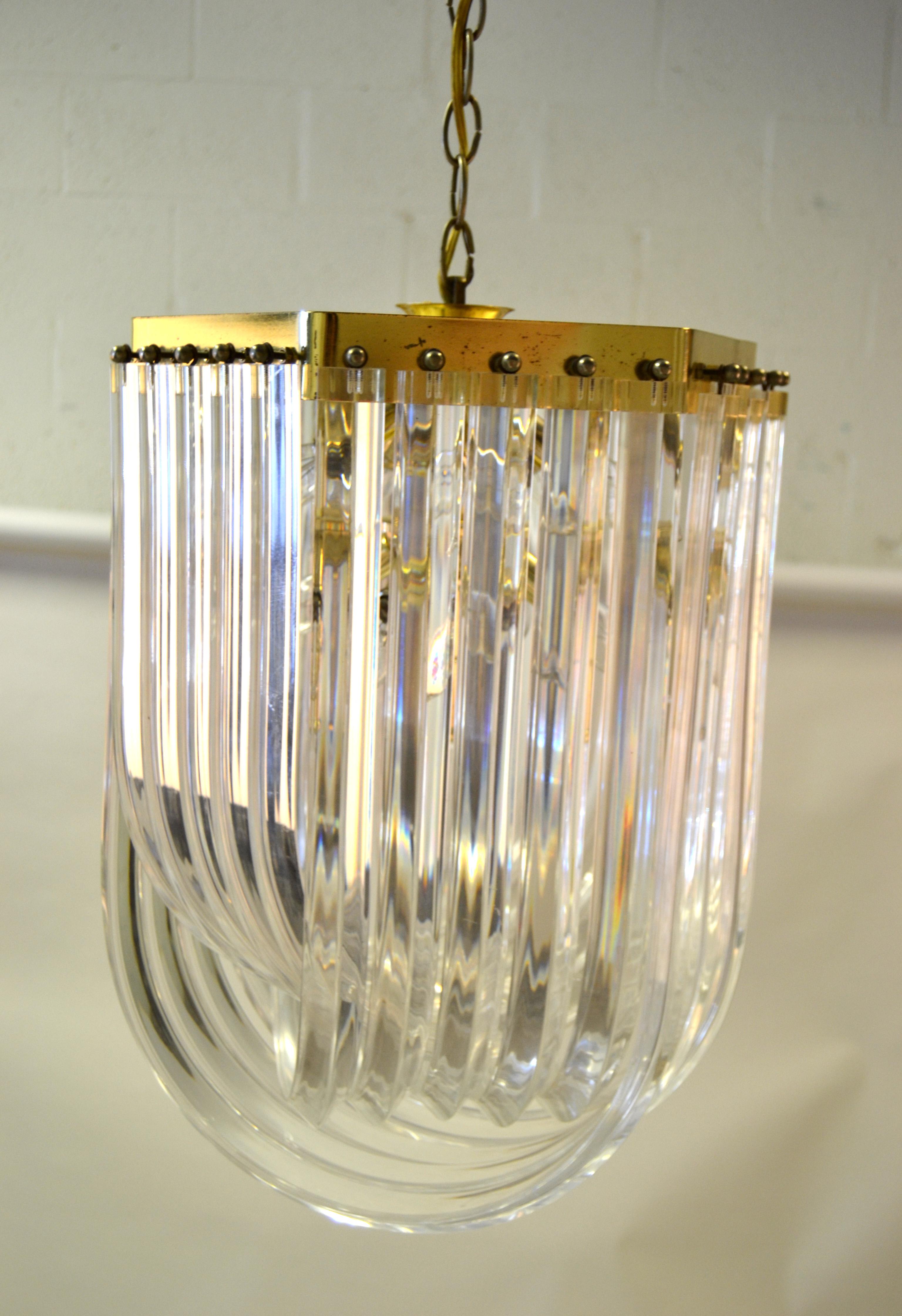 MidCentury Modern Lucite and Brass Ribbon Chandelier with Canopy For