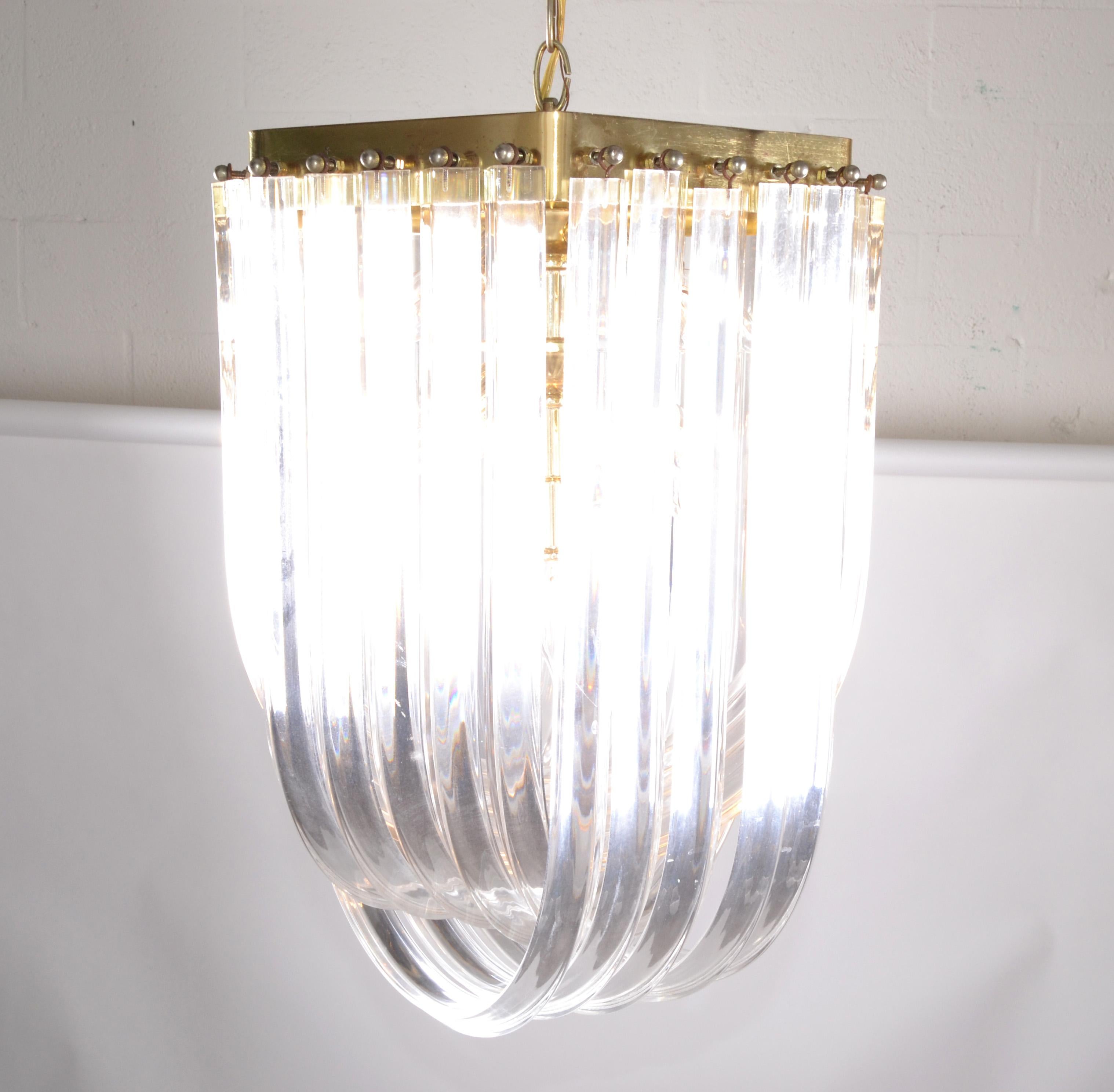 MidCentury Modern Lucite and Brass Ribbon Chandelier with Canopy For
