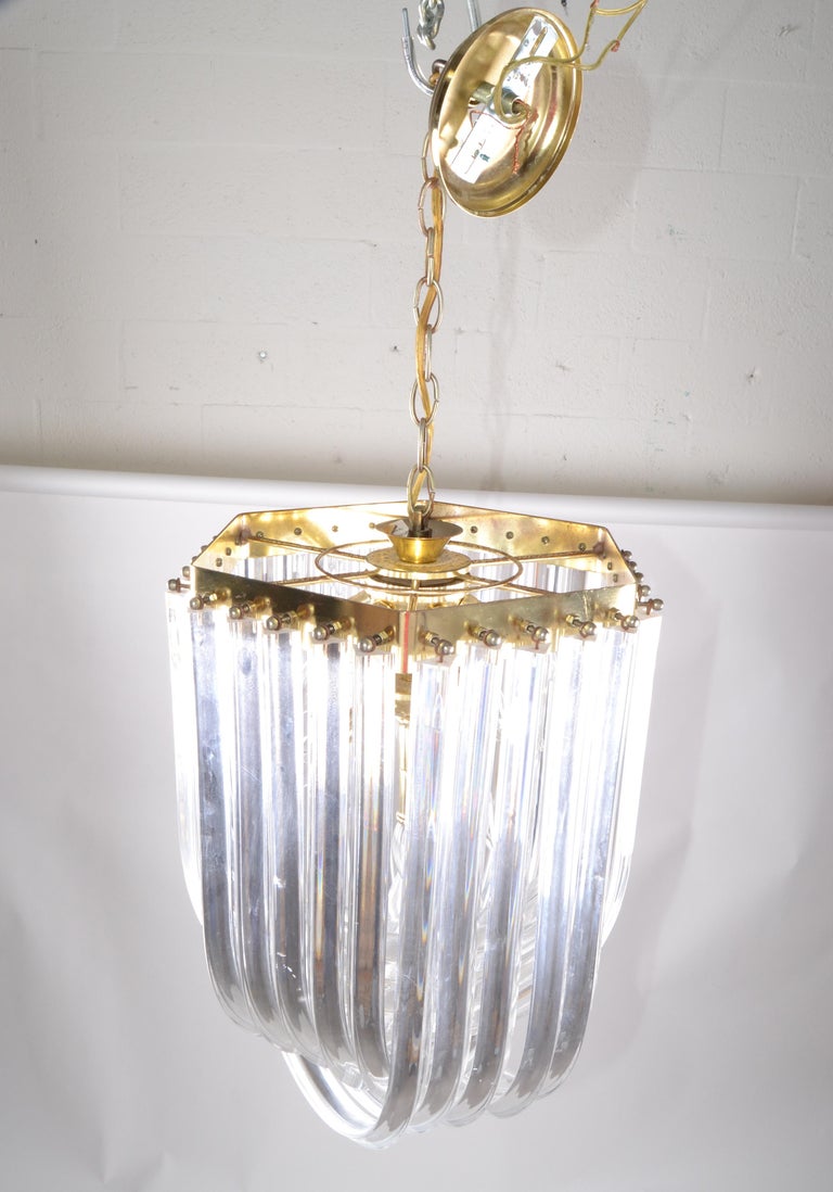 MidCentury Modern Lucite and Brass Ribbon Chandelier with Canopy For