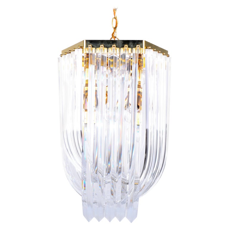 MidCentury Modern Lucite and Brass Ribbon Chandelier with Canopy For