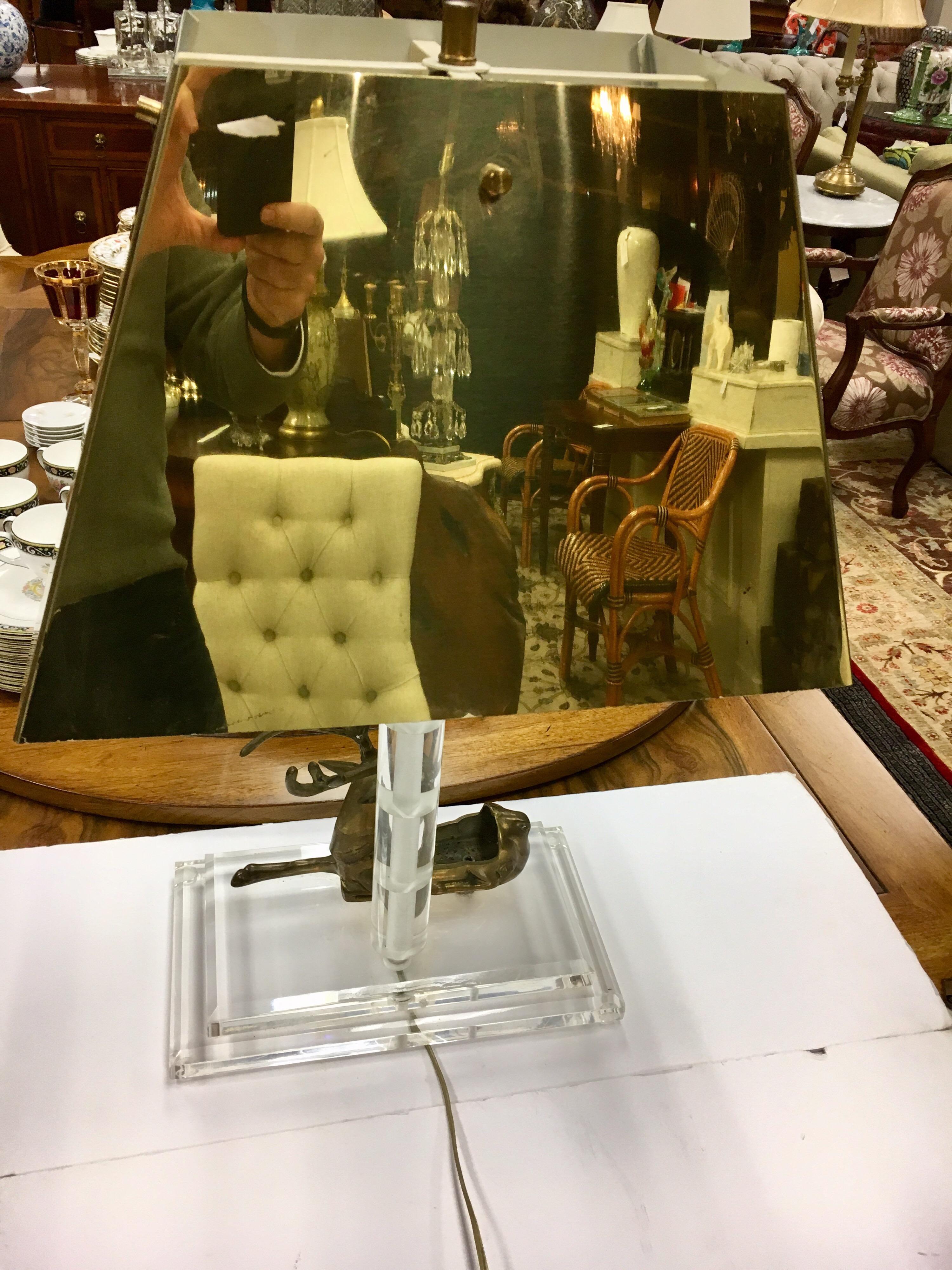 Mid-Century Modern Lucite and Brass Table Lamp with Reindeer Deer Card Holder 5