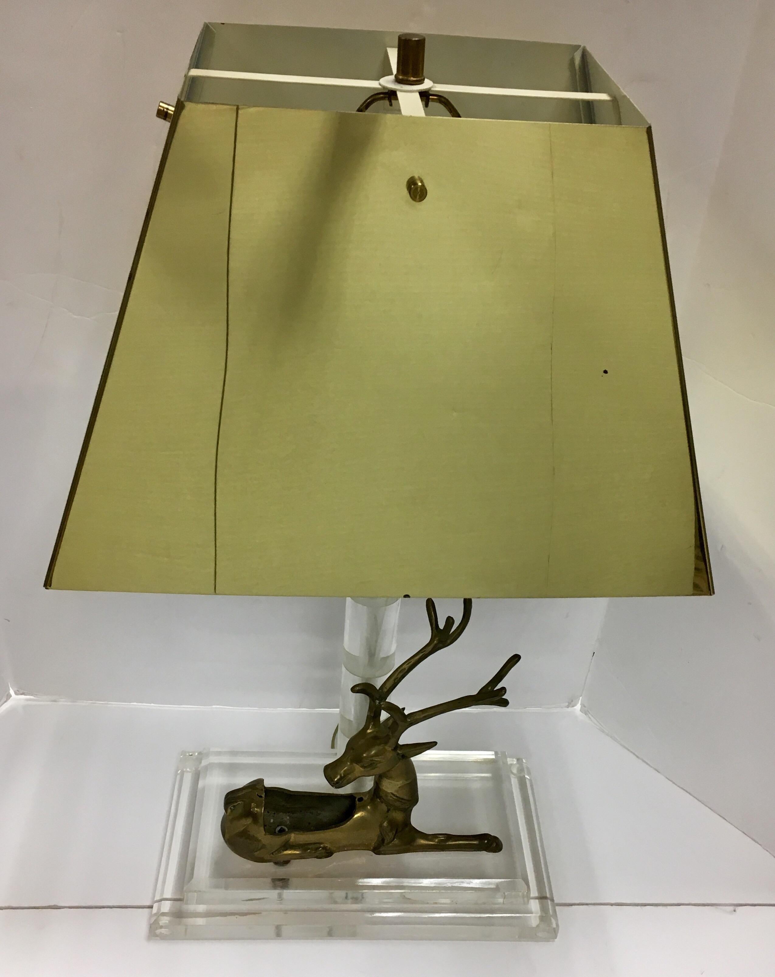 Italian Mid-Century Modern Lucite and Brass Table Lamp with Reindeer Deer Card Holder