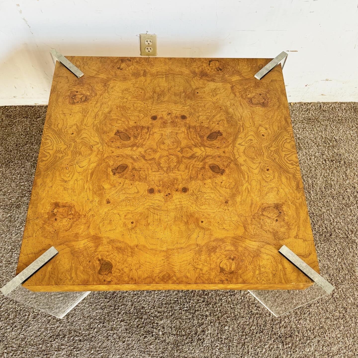American Mid Century Modern Lucite and Burl Wood Coffee Table