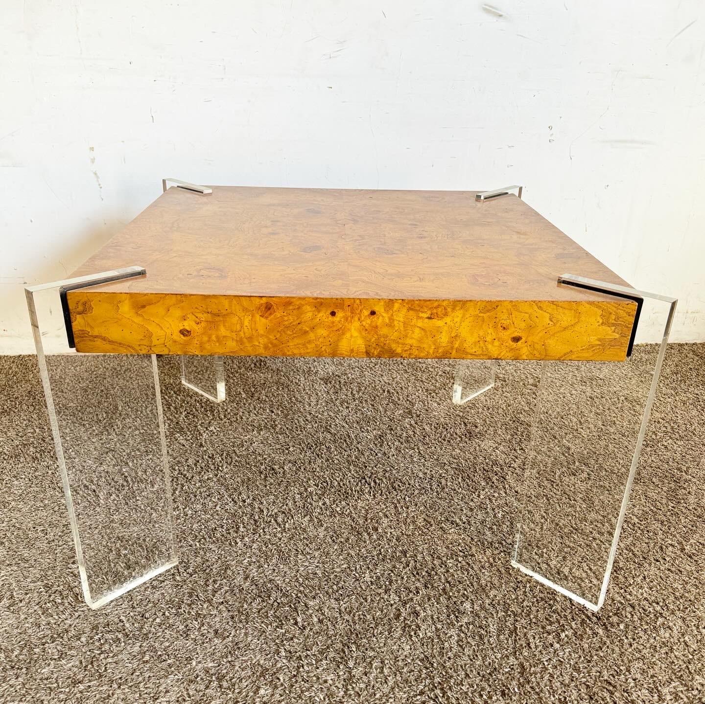 Late 20th Century Mid Century Modern Lucite and Burl Wood Coffee Table