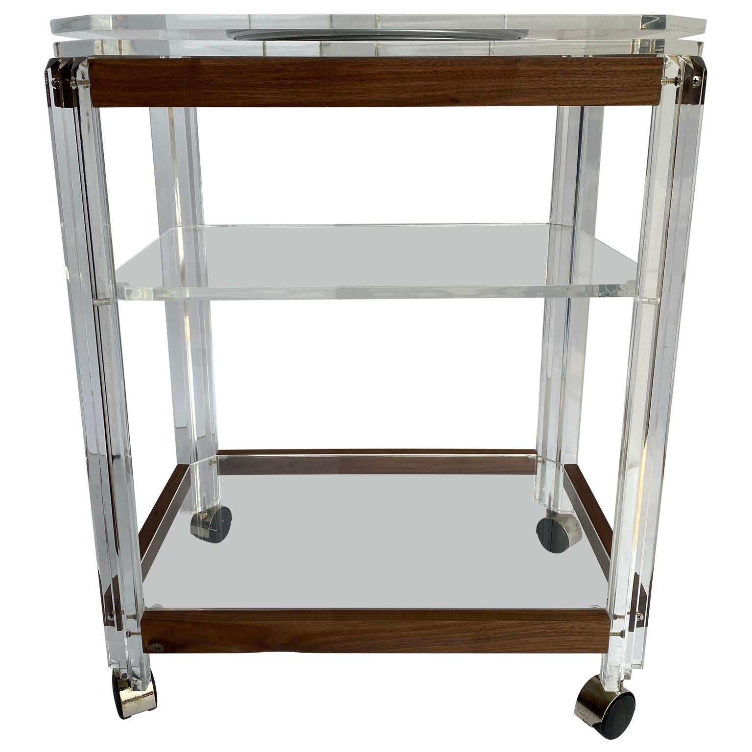 American Mid-Century Modern Lucite and Cherry Wood Bar Cart Trolley