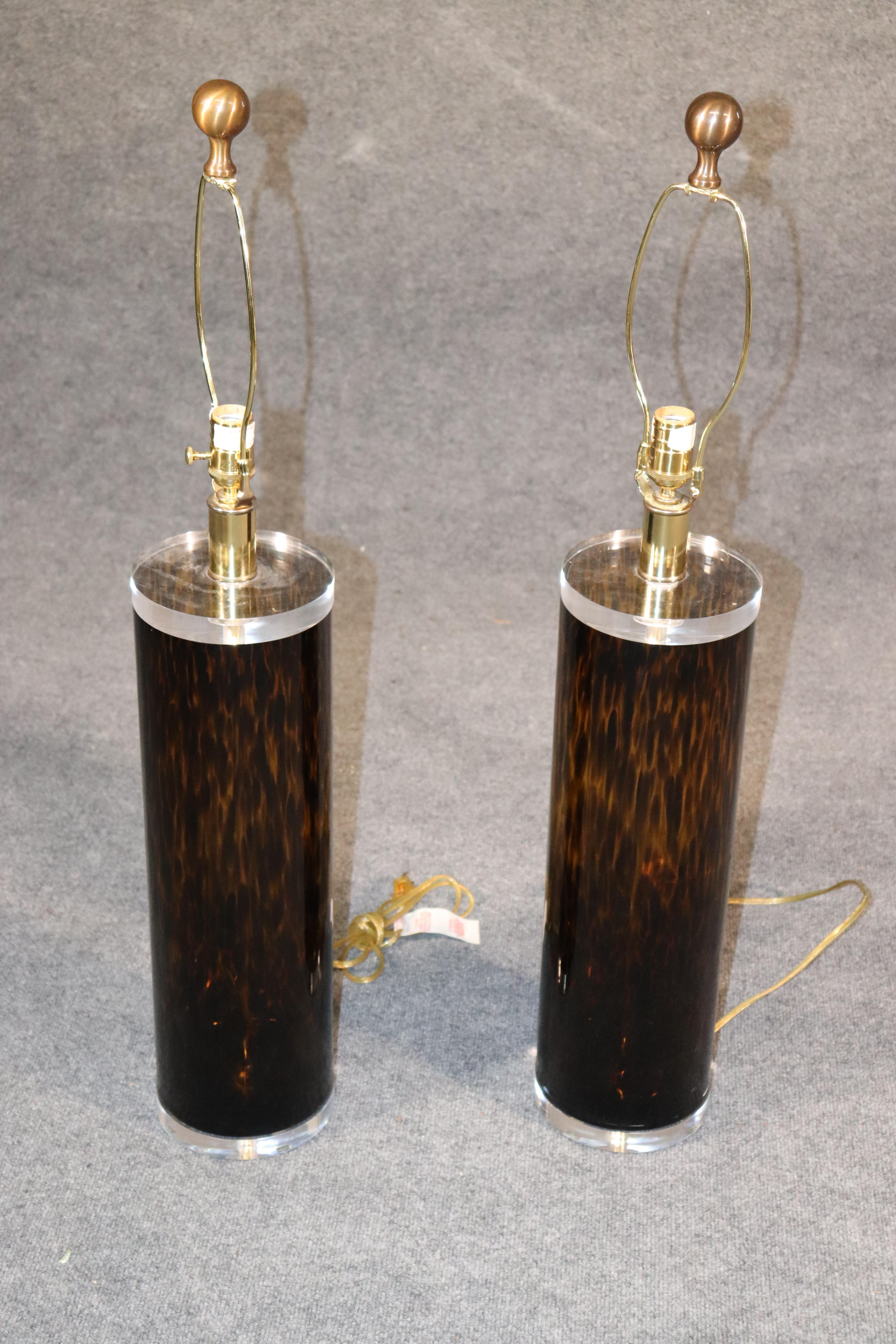 Mid-Century Modern Lucite and Faux Tortoiseshell Italian-Made Glass Table Lamps 2