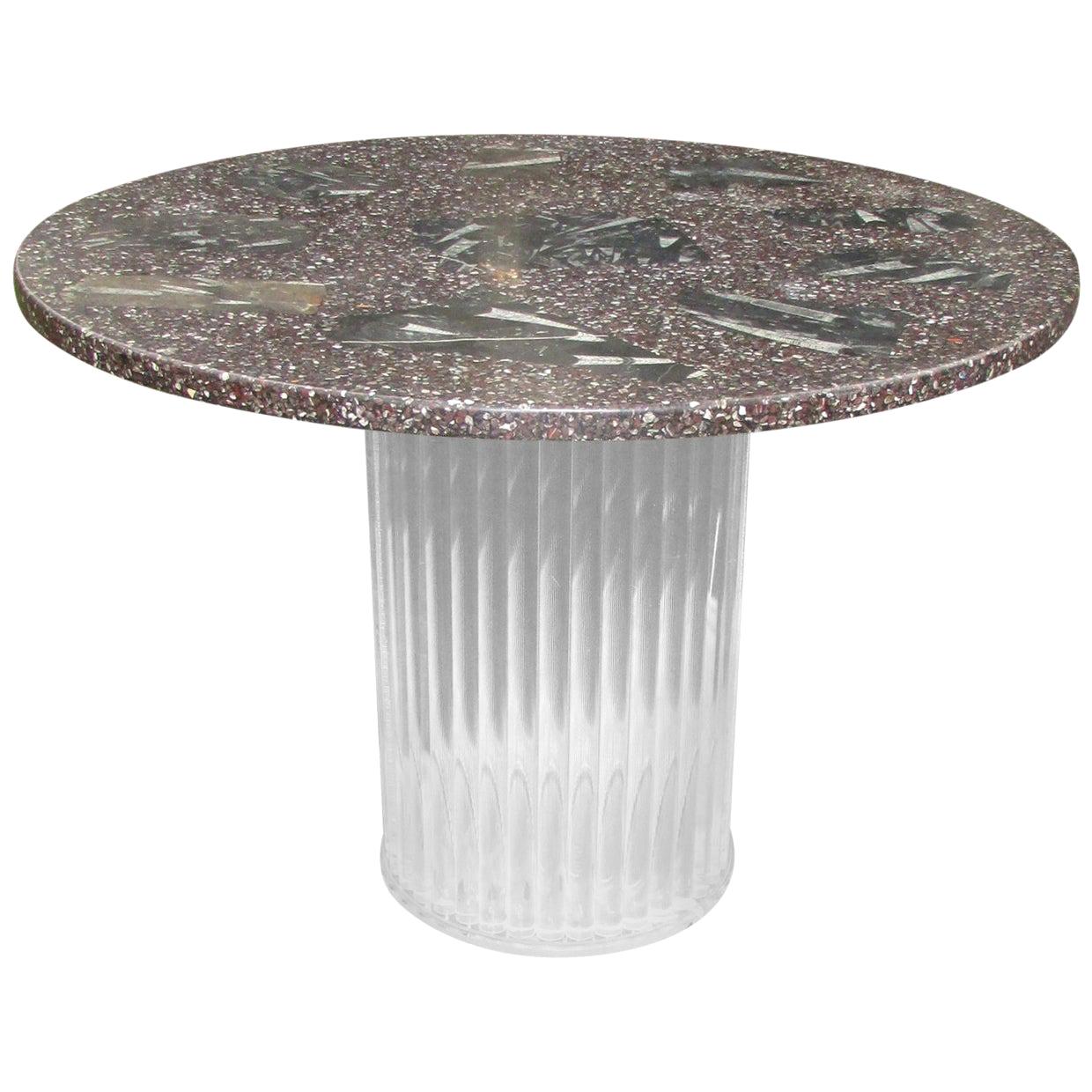 Mid-Century Modern Lucite and Fossil Stone Round Dining Table