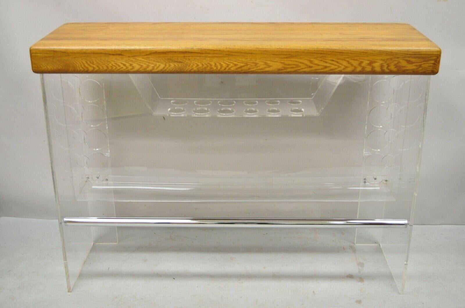 Mid Century Modern Lucite and Oak Wood Butcher Block Top Wine Bar Table For Sale 5