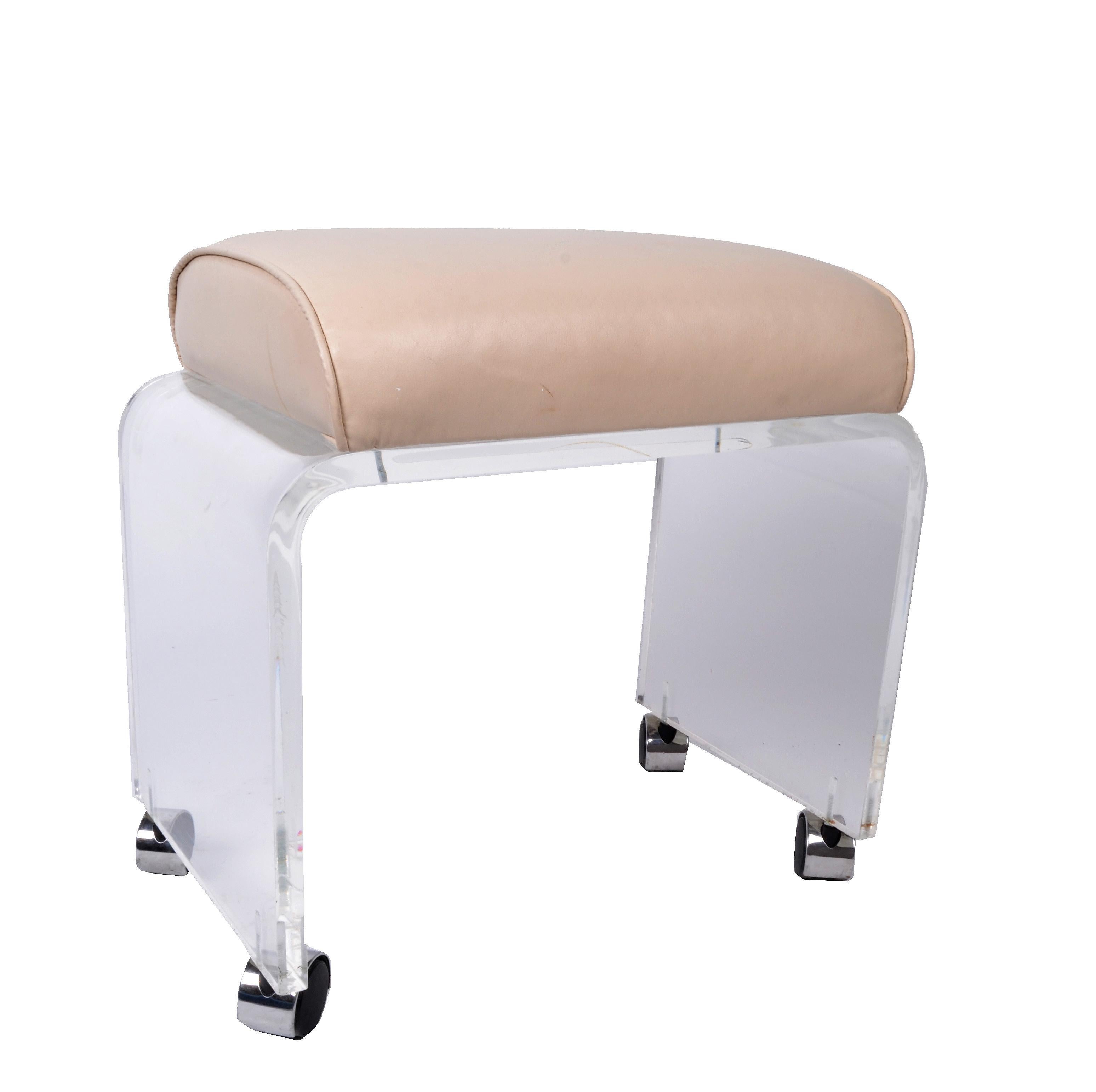 American Mid-Century Modern Lucite and Vinyl Stool on Casters