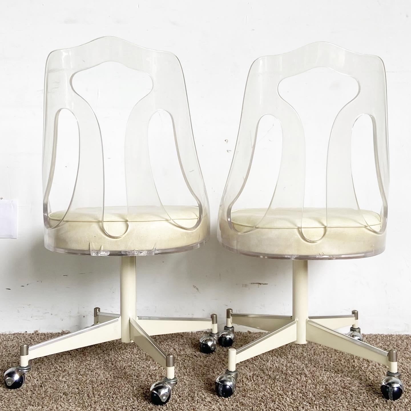 Mid-Century Modern Mid Century Modern Lucite Back Cream Cushion and Metal Dining Chairs - 4 Chairs For Sale