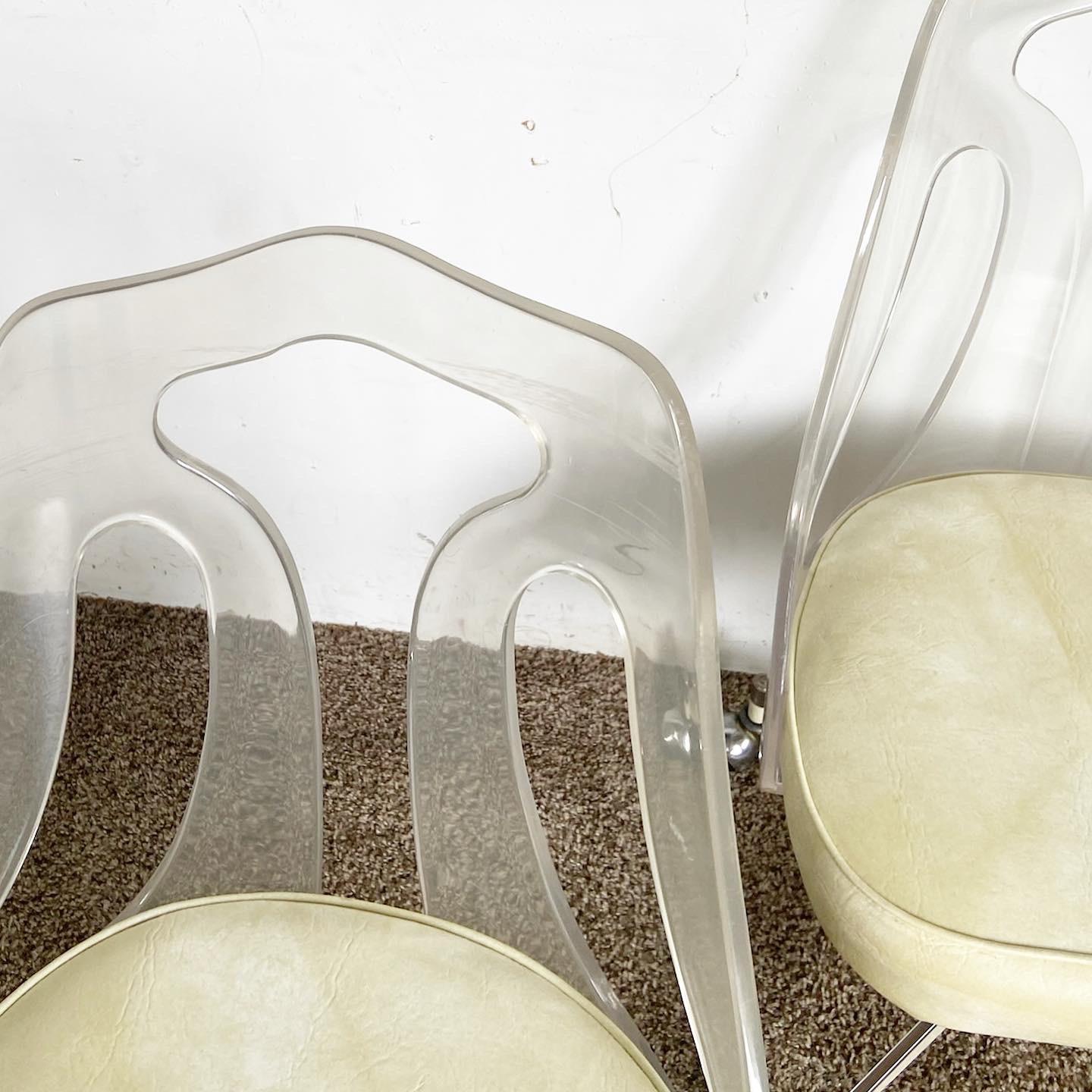 Mid Century Modern Lucite Back Cream Cushion and Metal Dining Chairs - 4 Chairs In Good Condition For Sale In Delray Beach, FL