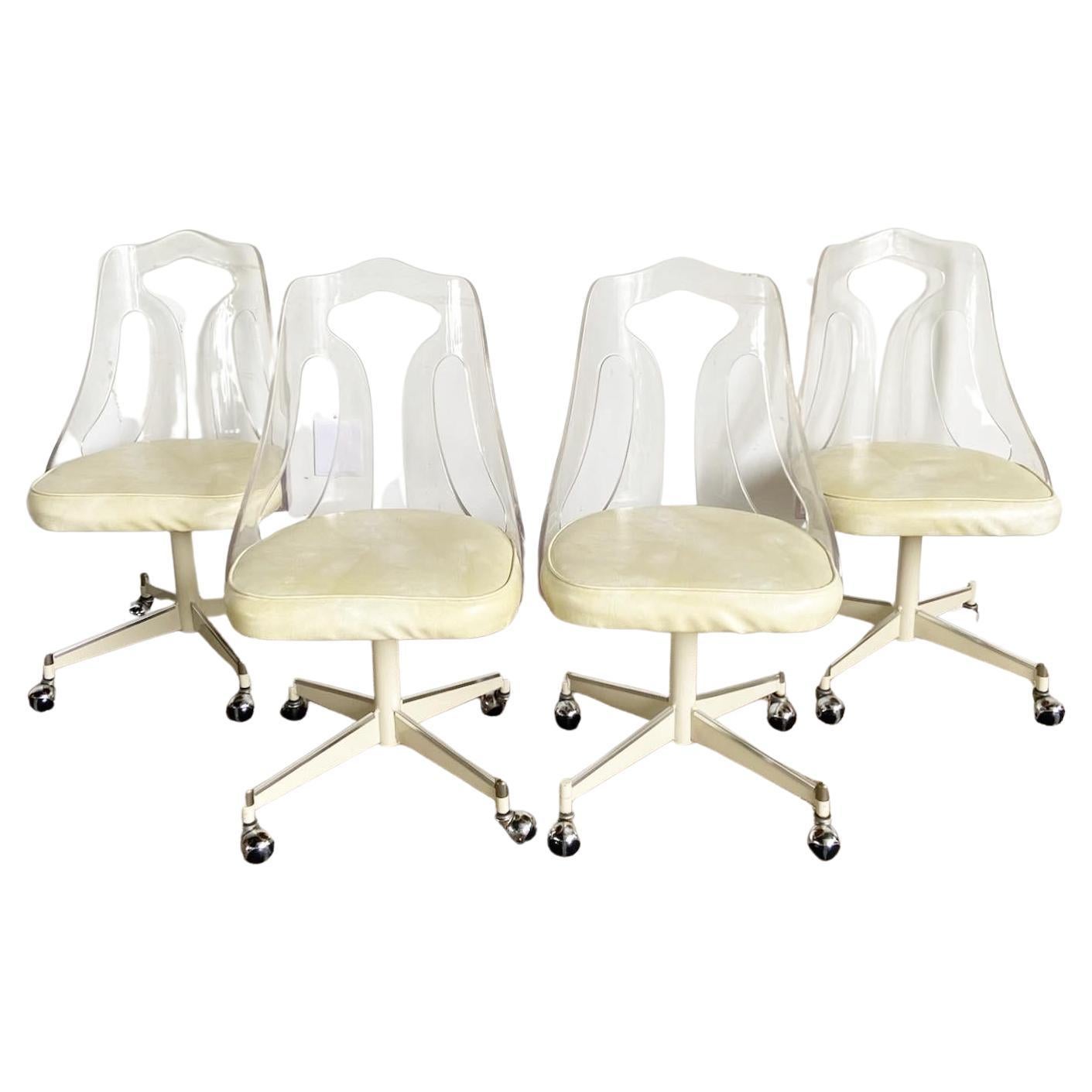 Mid Century Modern Lucite Back Cream Cushion and Metal Dining Chairs - 4 Chairs