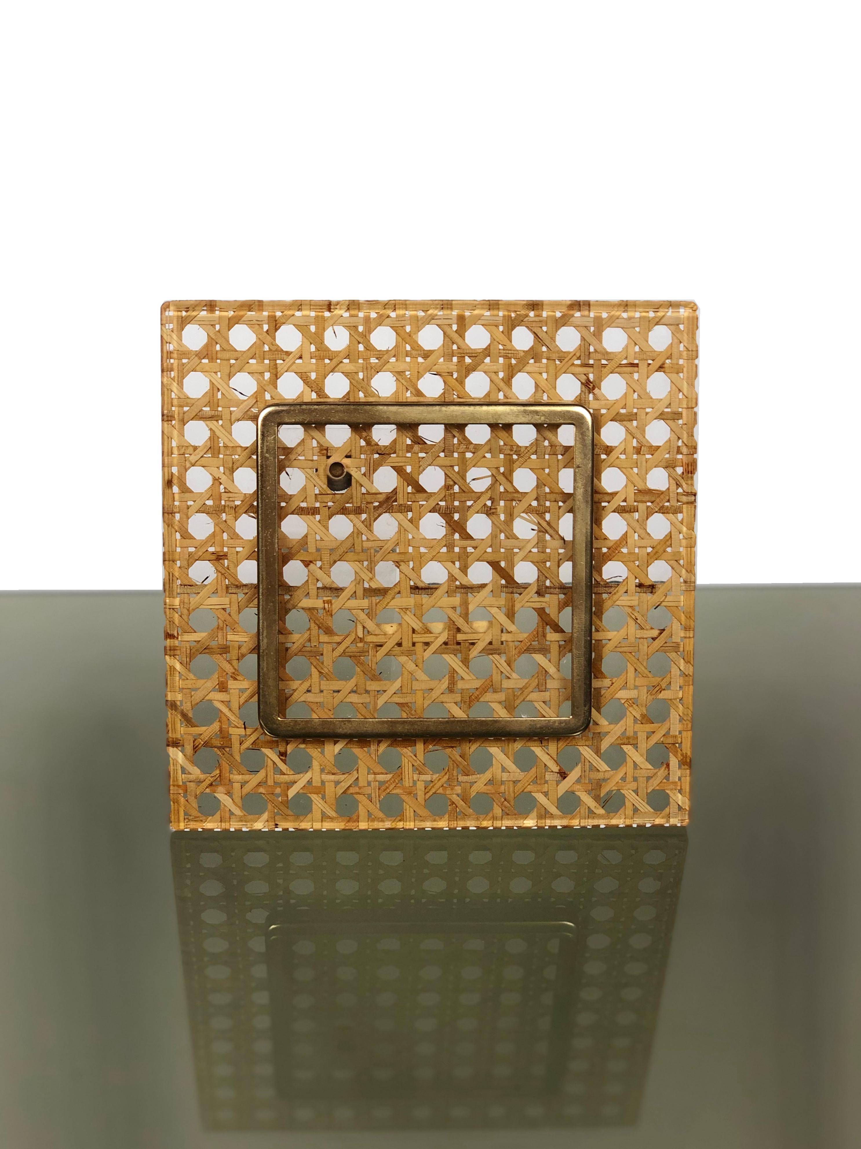 Mid-Century Modern Lucite brass and wicker picture frame in Christian Dior style.
