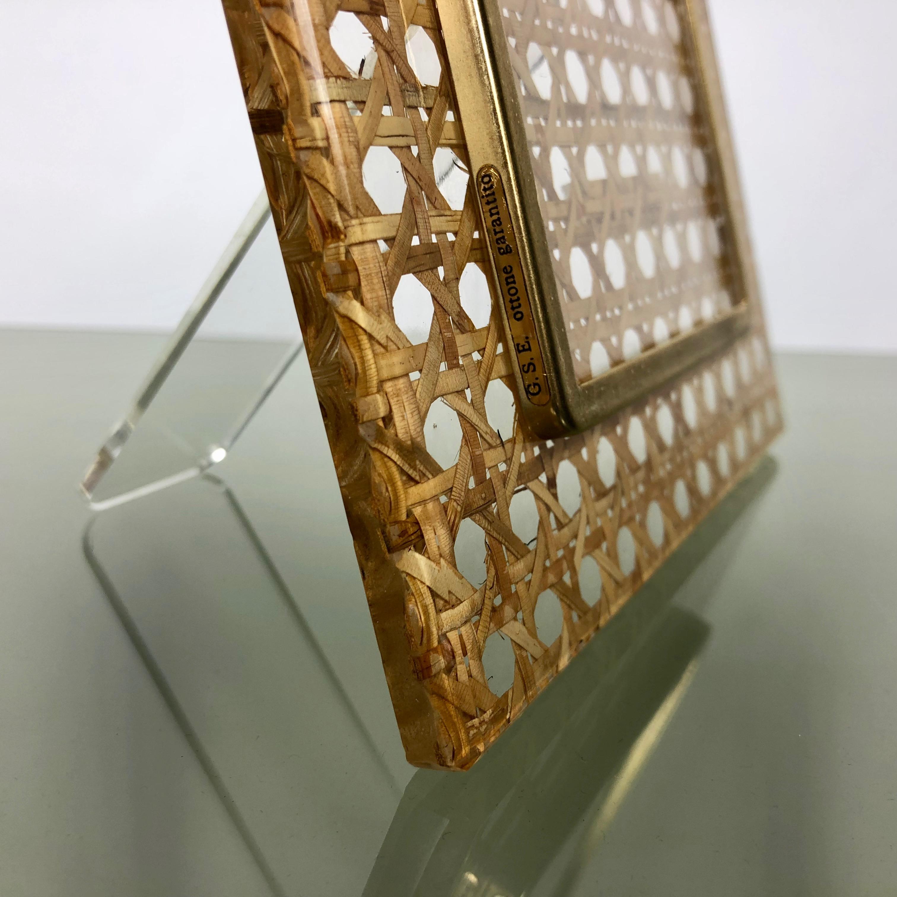 Italian Mid-Century Modern Lucite Brass and Wicker Picture Frame in Christian Dior Style