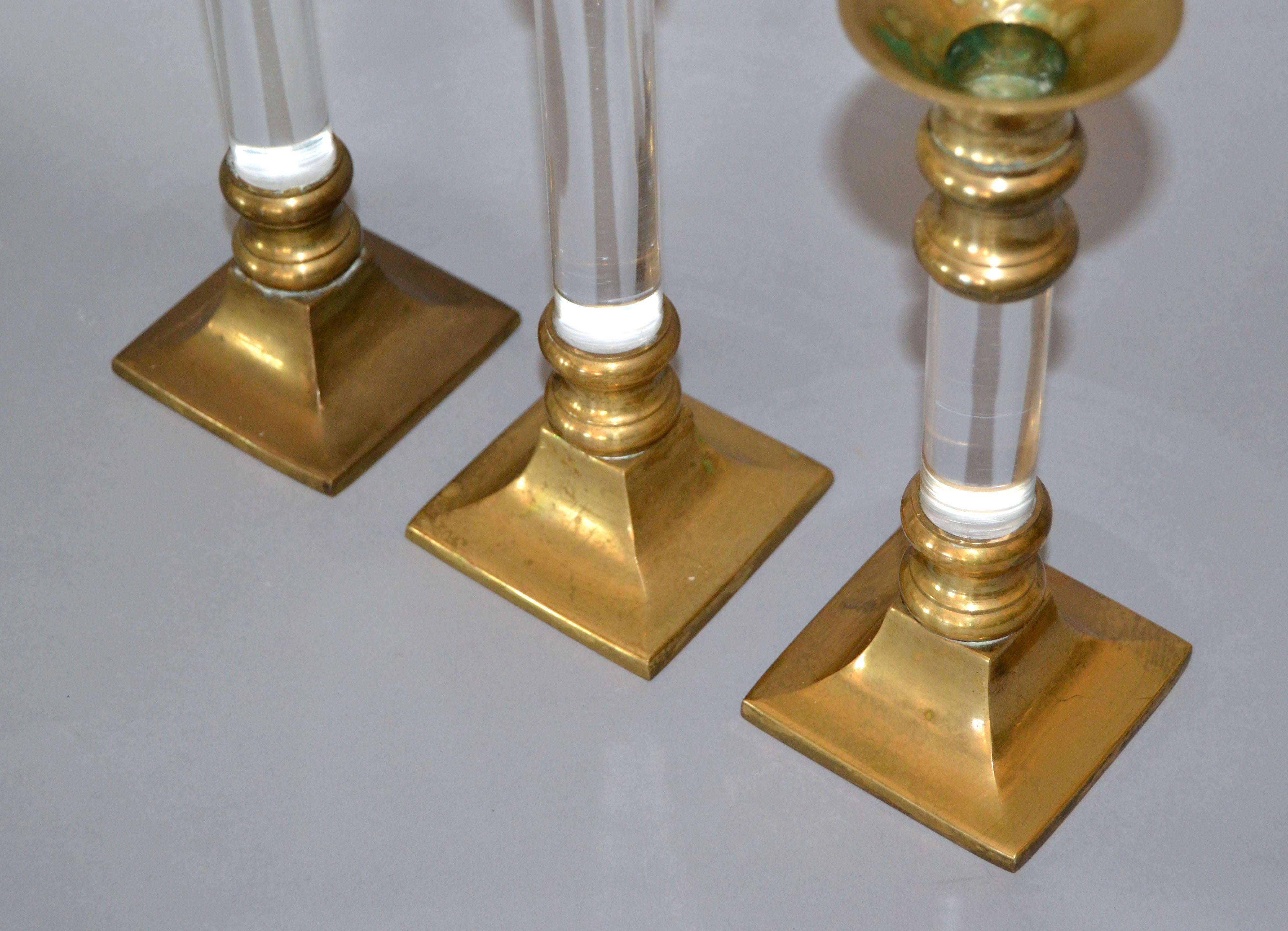 Mid-Century Modern Lucite and Brass Candle Holders or Candlesticks, Set of 3  For Sale 2