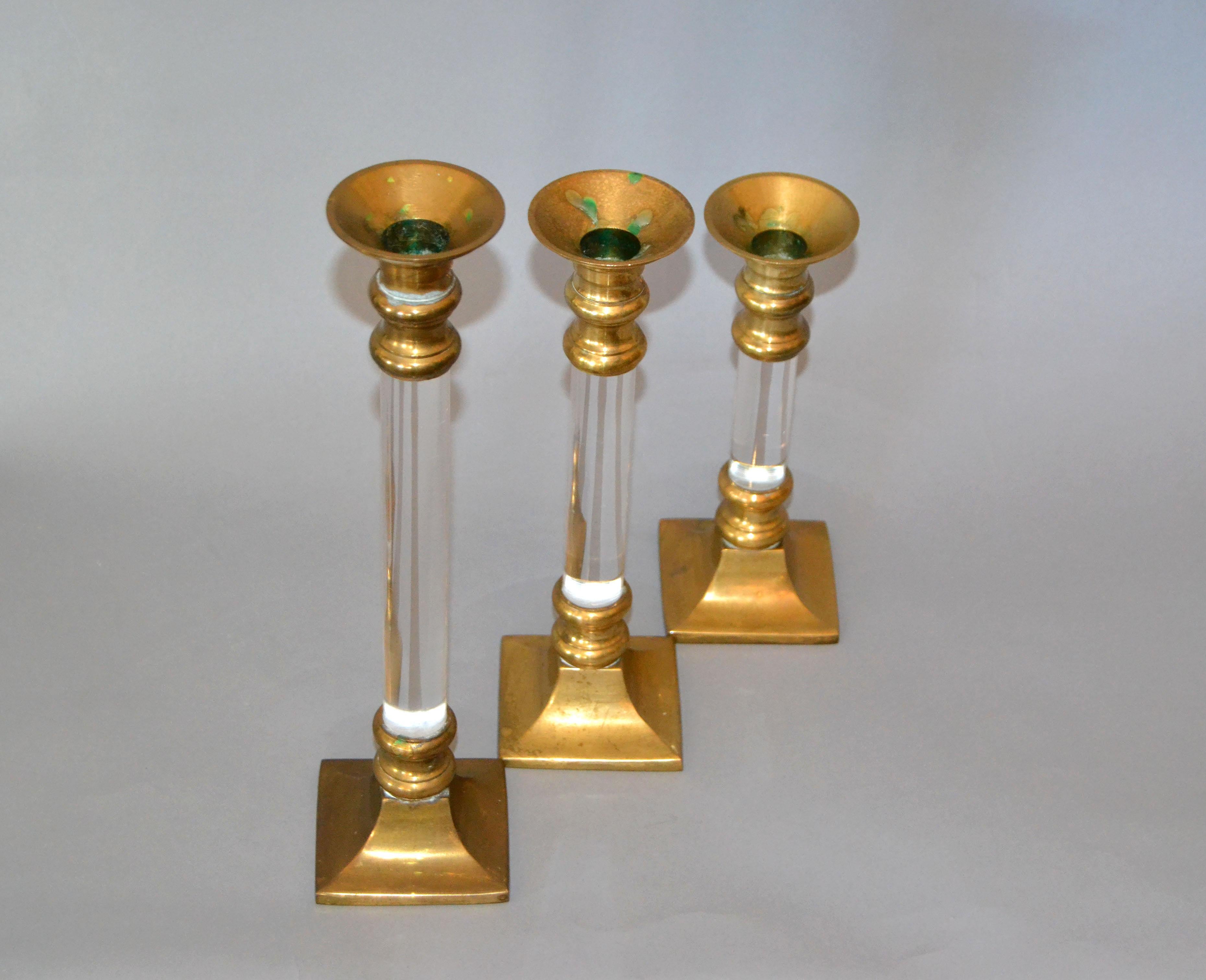 Mid-Century Modern Lucite and Brass Candle Holders or Candlesticks, Set of 3  For Sale 3