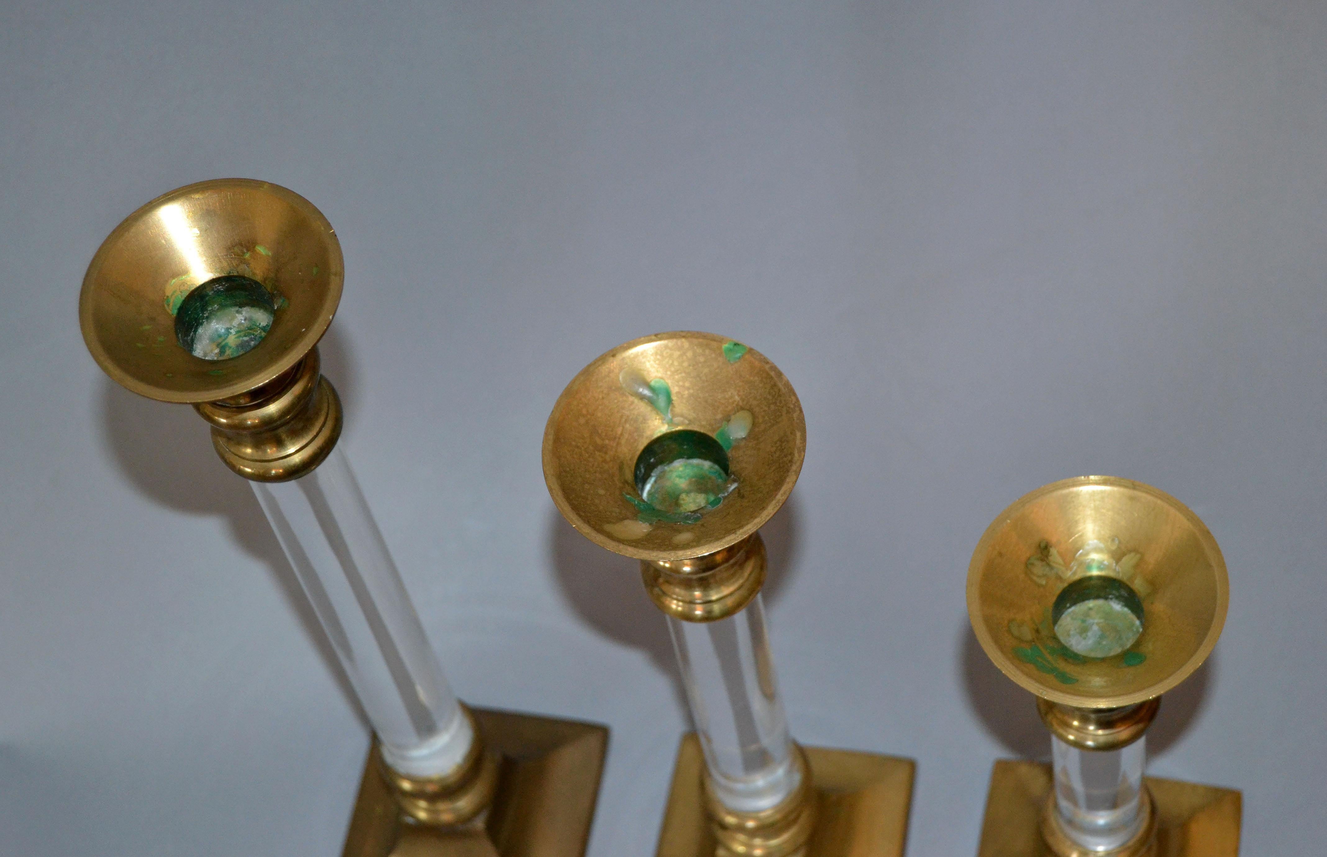 Late 20th Century Mid-Century Modern Lucite and Brass Candle Holders or Candlesticks, Set of 3  For Sale