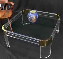 Mid-Century Modern Lucite Brass Glass Top Rounded Square Coffee Table