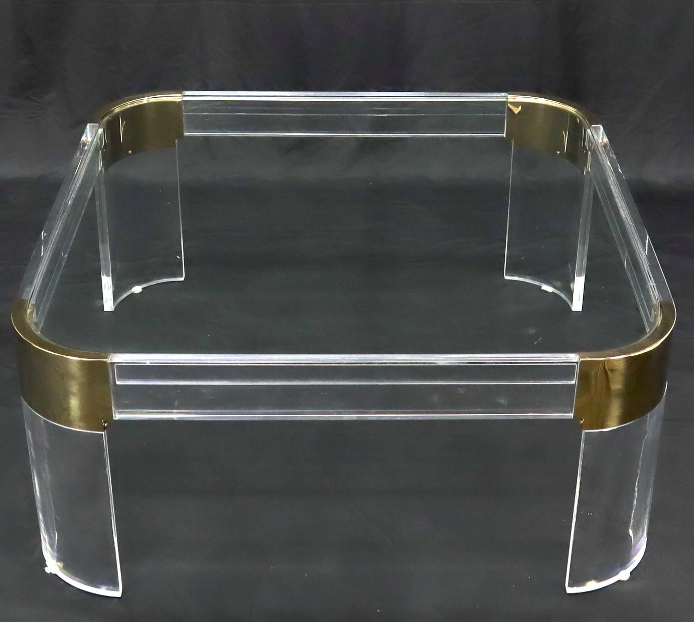 Unknown Mid-Century Modern Lucite Brass Glass Top Rounded Square Coffee Table