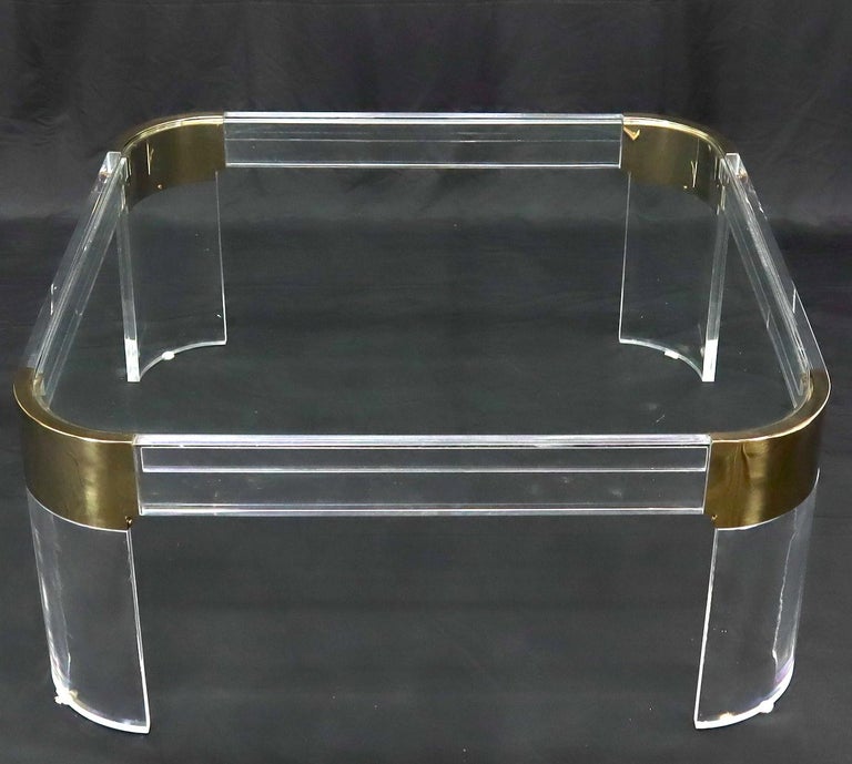 Unknown Mid-Century Modern Lucite Brass Glass Top Rounded Square Coffee Table For Sale