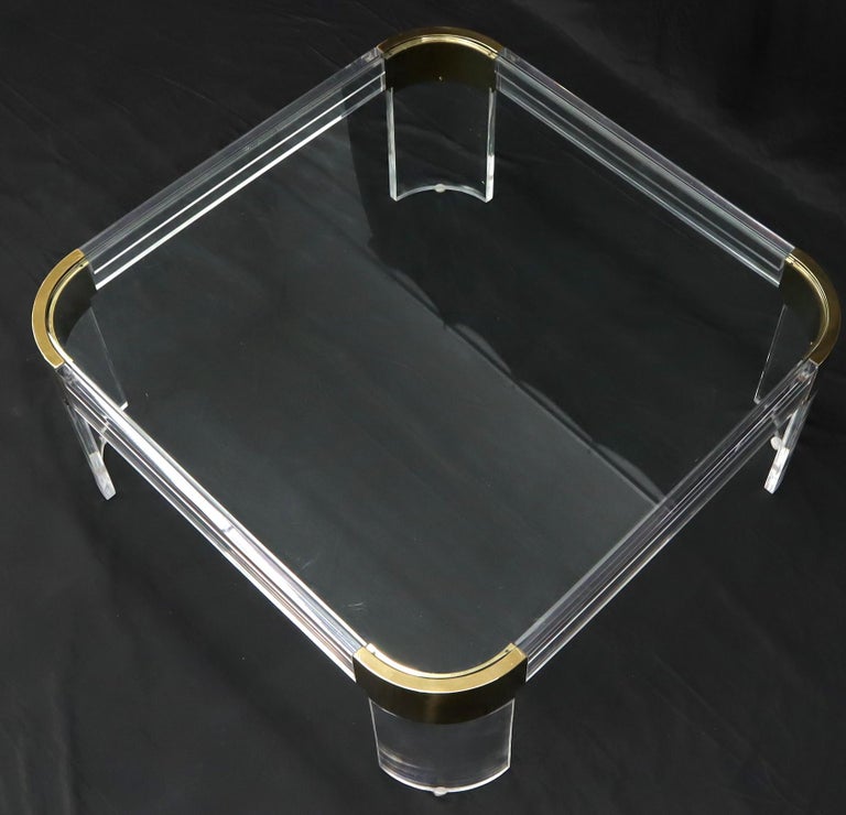 20th Century Mid-Century Modern Lucite Brass Glass Top Rounded Square Coffee Table For Sale