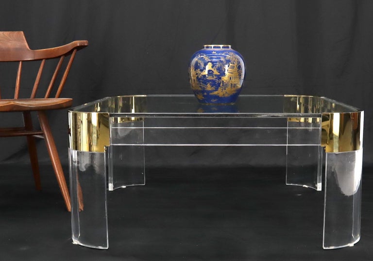 Mid-Century Modern Lucite Brass Glass Top Rounded Square Coffee Table For Sale 1