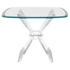 Mid Century Modern Lucite Butterfly Glass Top Side Table after Lion in Frost