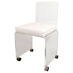 Mid-Century Modern Lucite Chair in White Leather Chair with Chrome Castors