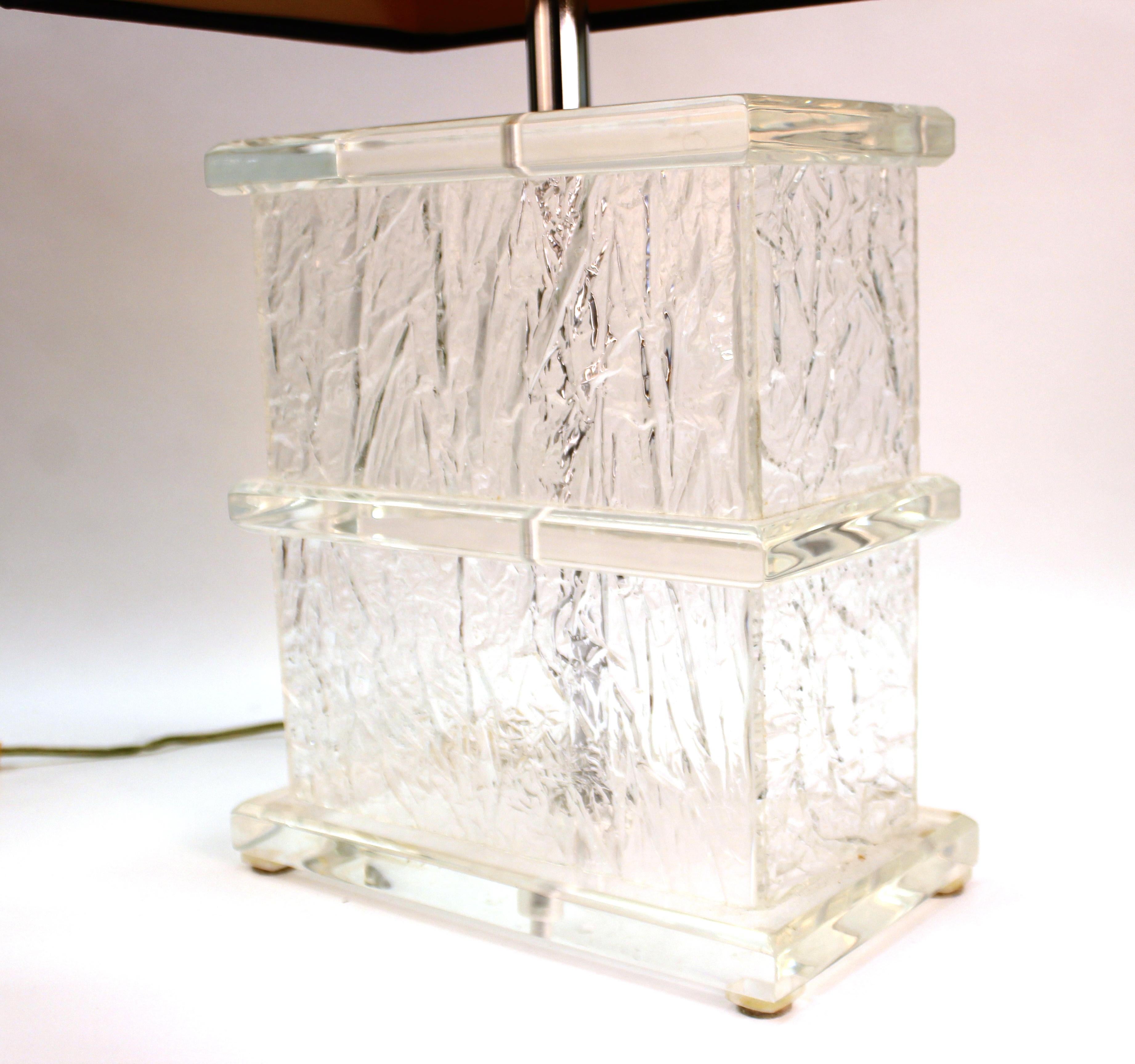 American Mid-Century Modern Lucite Crackle Table Lamps with Black Shades