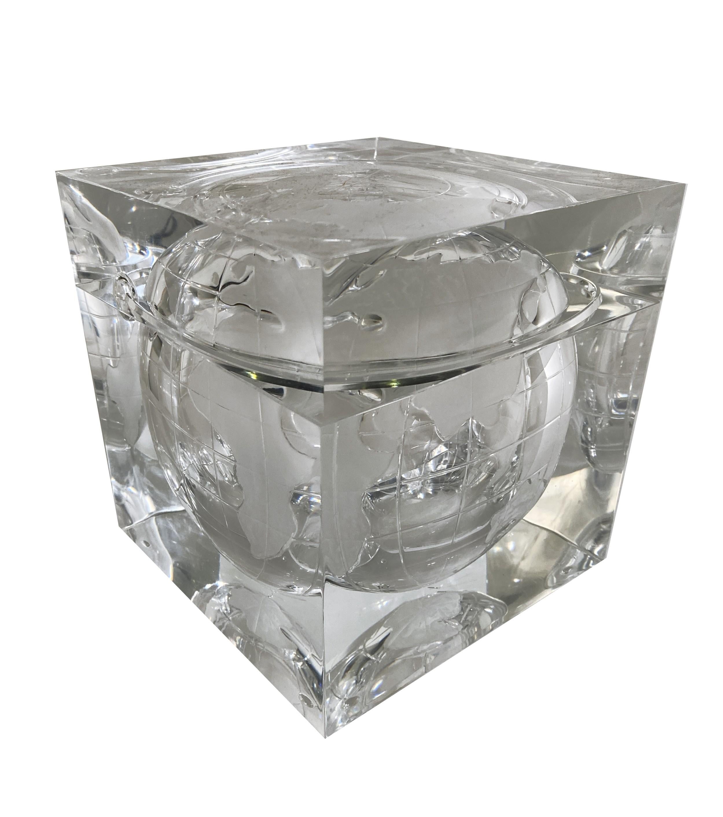 20th Century Mid-Century Modern Lucite Cube Ice Bucket with Etched Globe Design