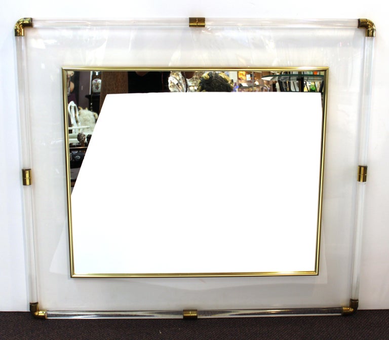 Mid-Century Modern Lucite Framed Mirror with Brass Accents at 1stDibs