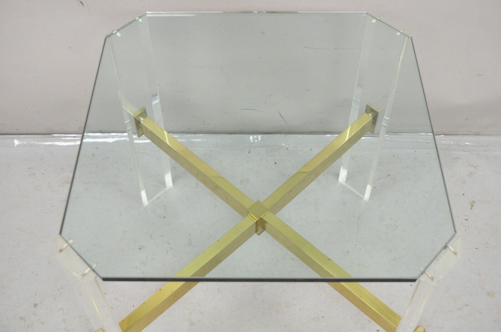 Mid Century Modern Lucite & Glass Top Occasional Side Table w Brass Stretcher For Sale 5