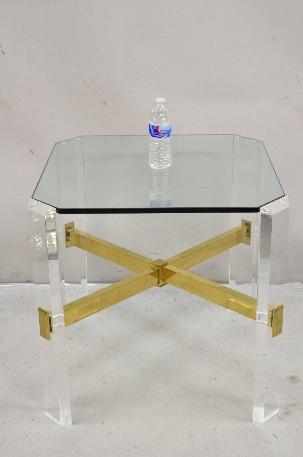 Mid Century Modern Lucite & Glass Top Occasional Side Table w Brass Stretcher. Circa Late 20th Century. Measurements: 26
