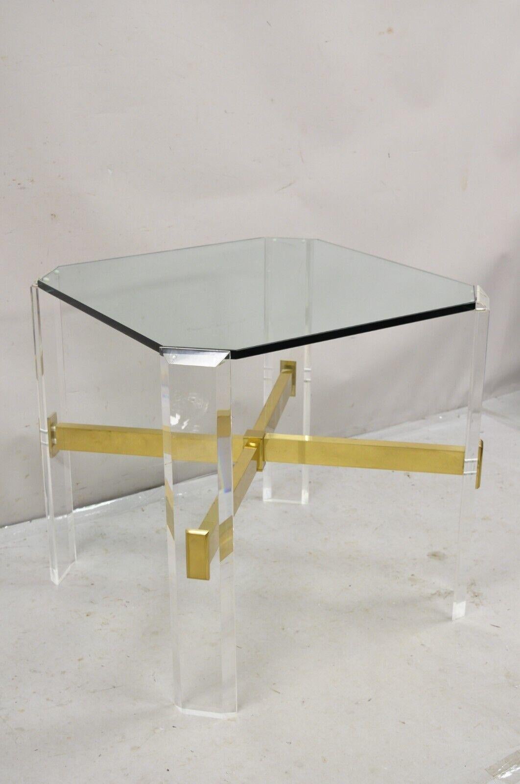 Mid-Century Modern Mid Century Modern Lucite & Glass Top Occasional Side Table w Brass Stretcher For Sale