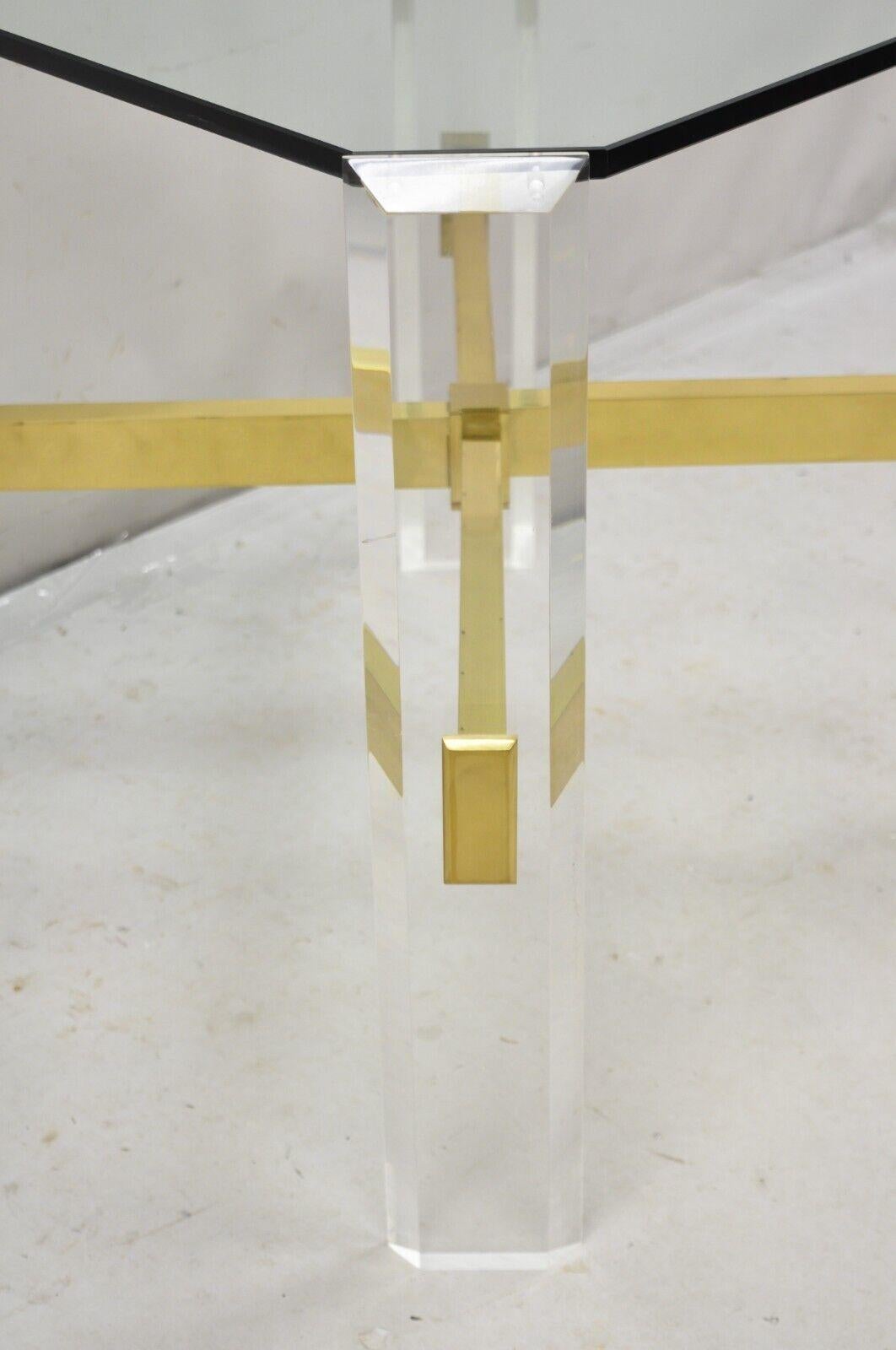 20th Century Mid Century Modern Lucite & Glass Top Occasional Side Table w Brass Stretcher For Sale