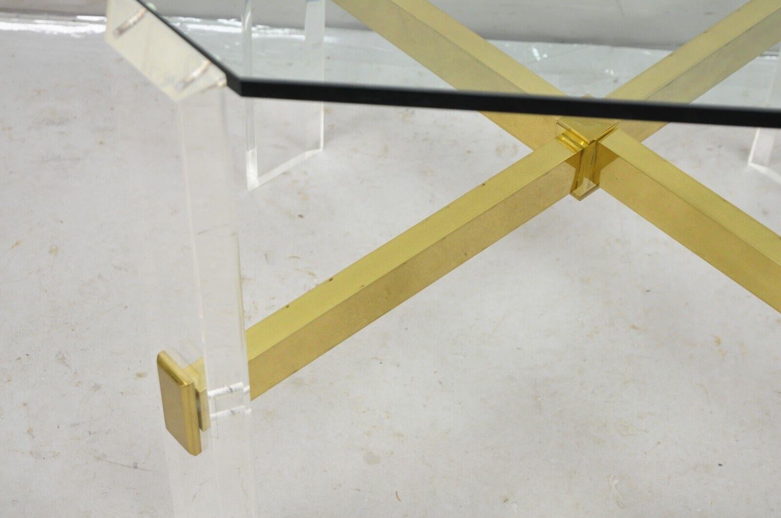 Mid Century Modern Lucite & Glass Top Occasional Side Table w Brass Stretcher For Sale 1