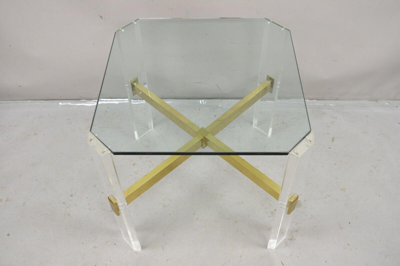 Mid Century Modern Lucite & Glass Top Occasional Side Table w Brass Stretcher For Sale 2