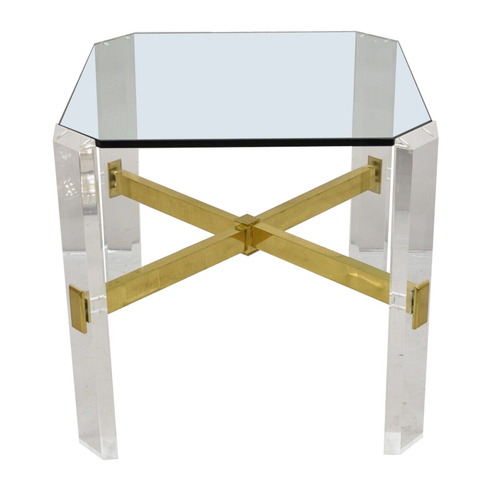 Tavolino Occasionale con piano in lucite e vetro del Mid Century Modern con struttura in ottone